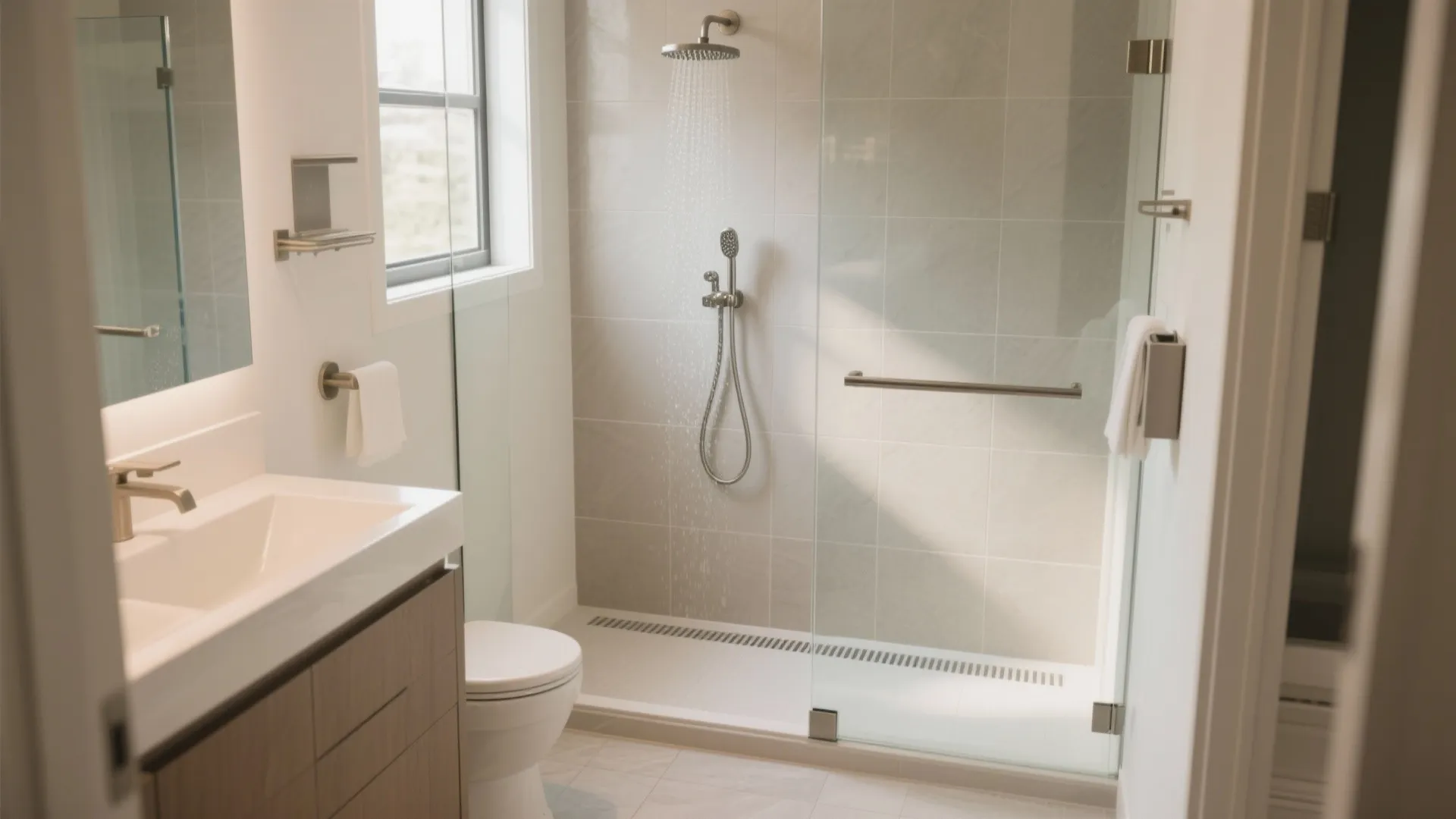 Bright bathroom with glass shower door, wooden cabinet sink, white toilet, and neutral wall tiles.