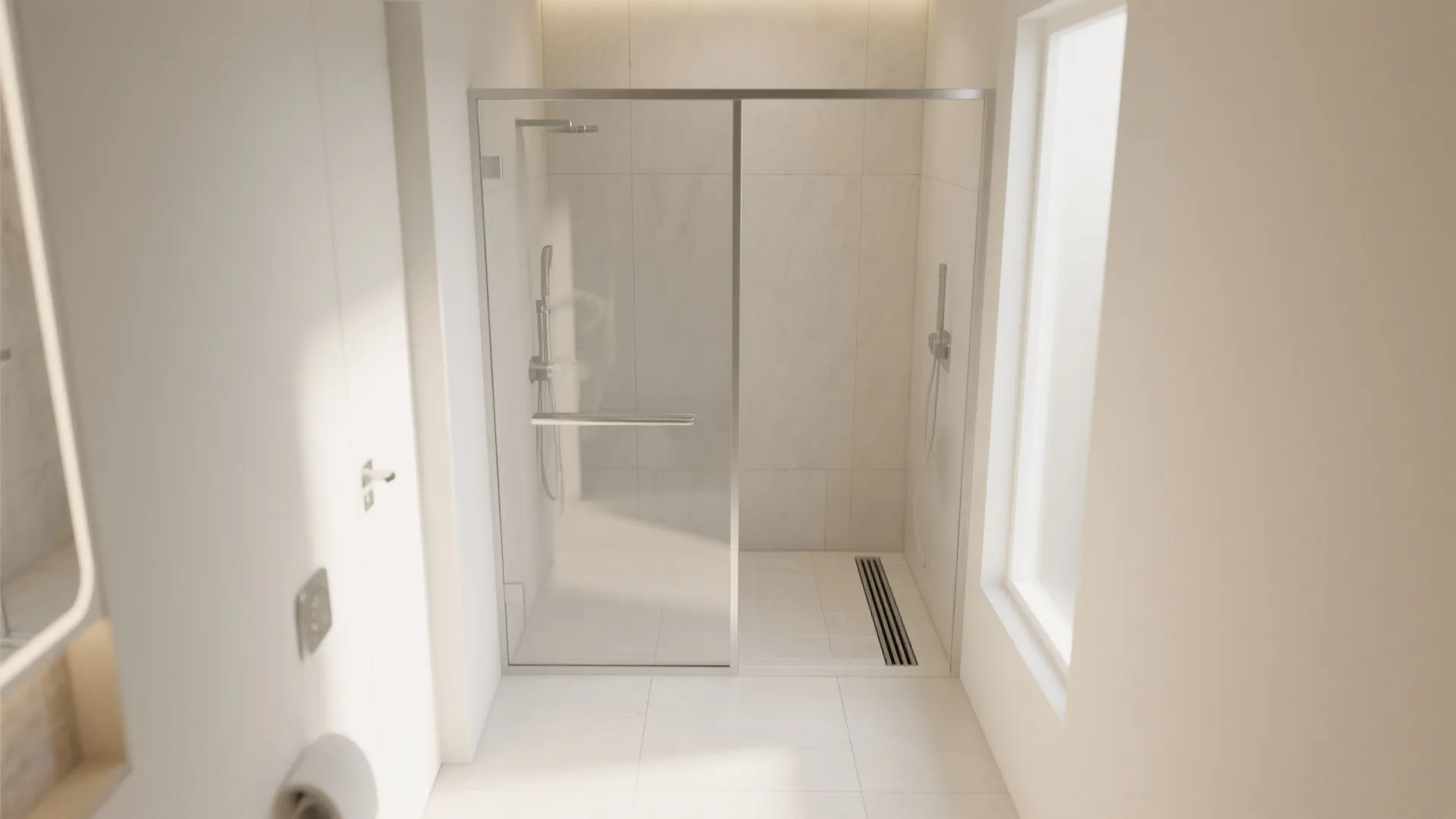 Bright walk in shower area with glass door white tiles floor drain and large window