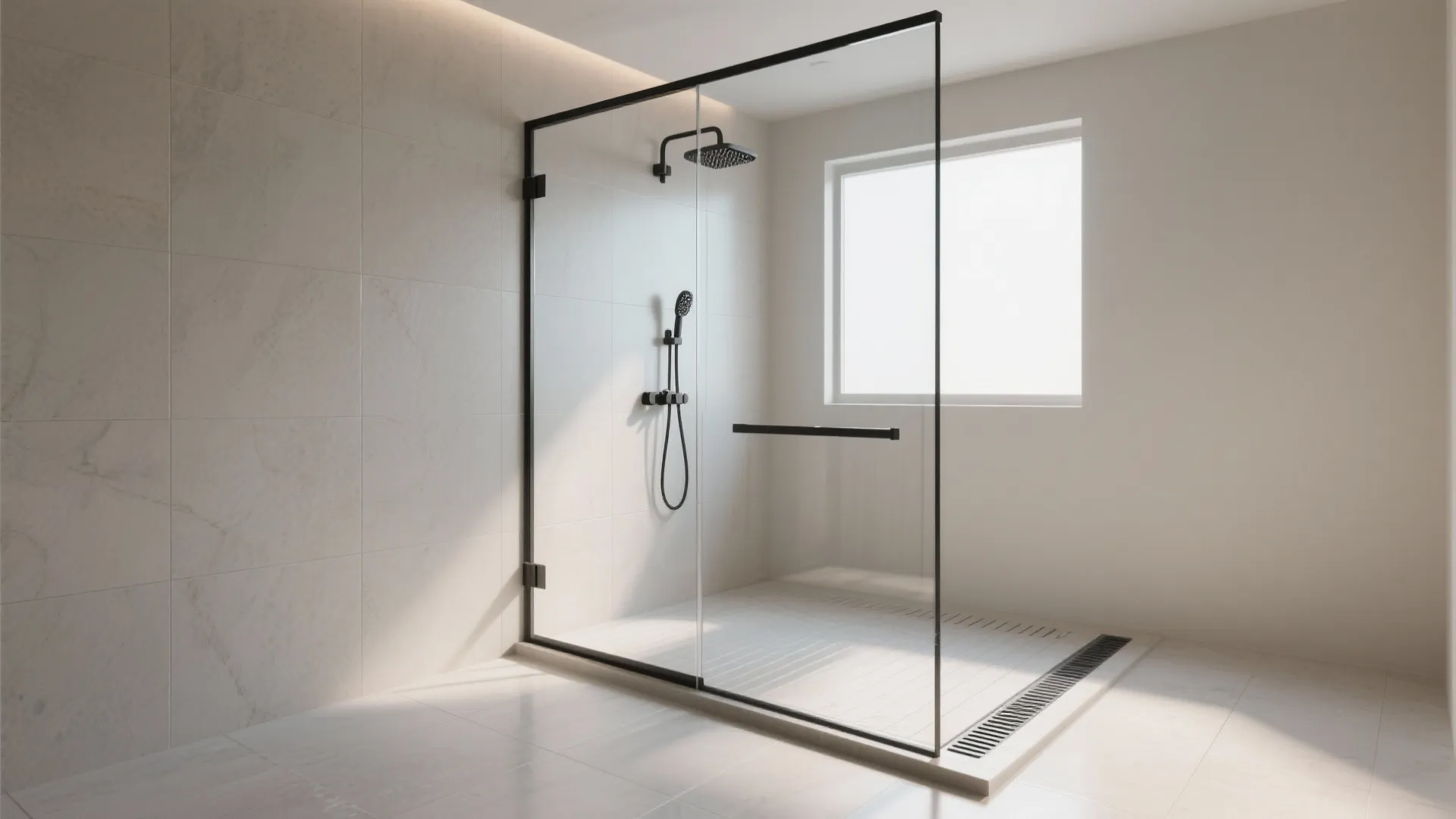 Modern bathroom shower area with black glass door white tile walls and natural bright window light