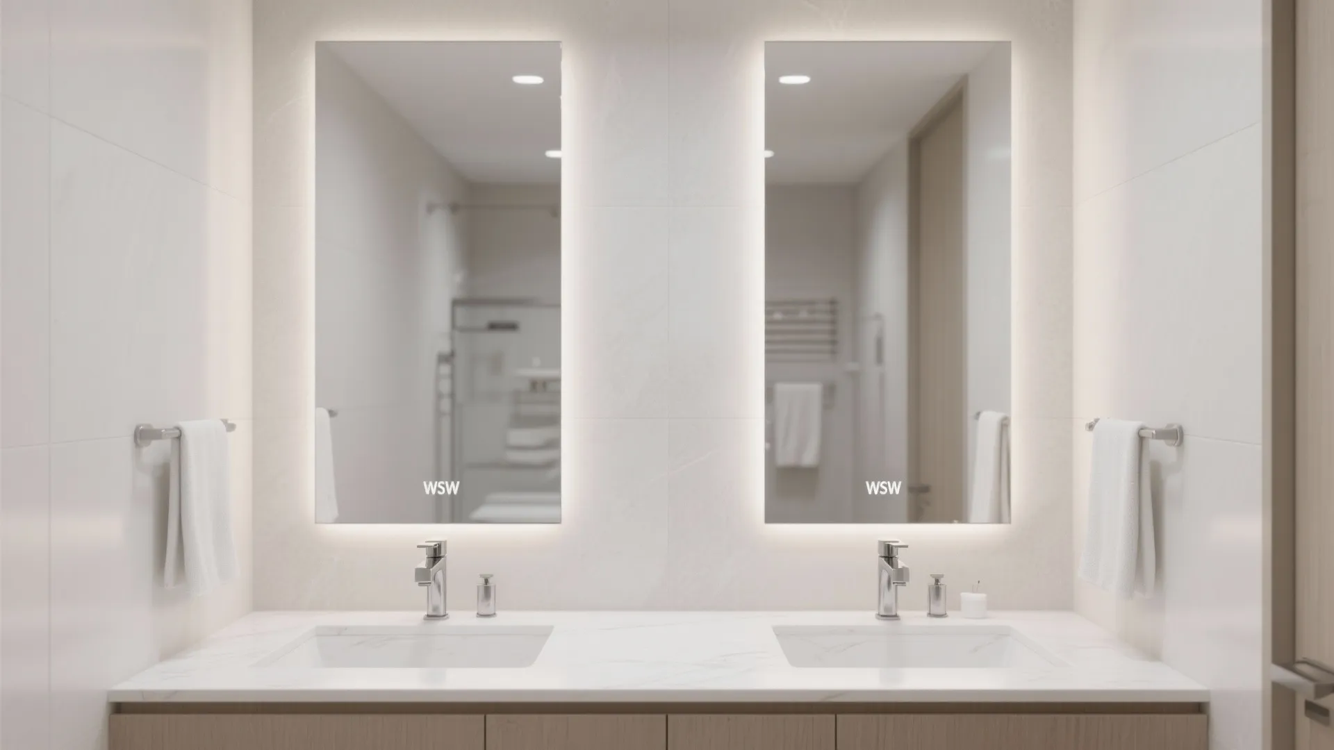 Minimalist bathroom design featuring two vertical rectangular mirrors with integrated lighting above a marble countertop