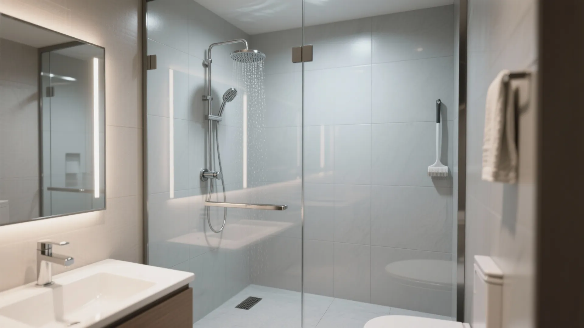 Frameless low-iron glass shower with slim thermostatic valve and rainfall head in a compact bathroom.