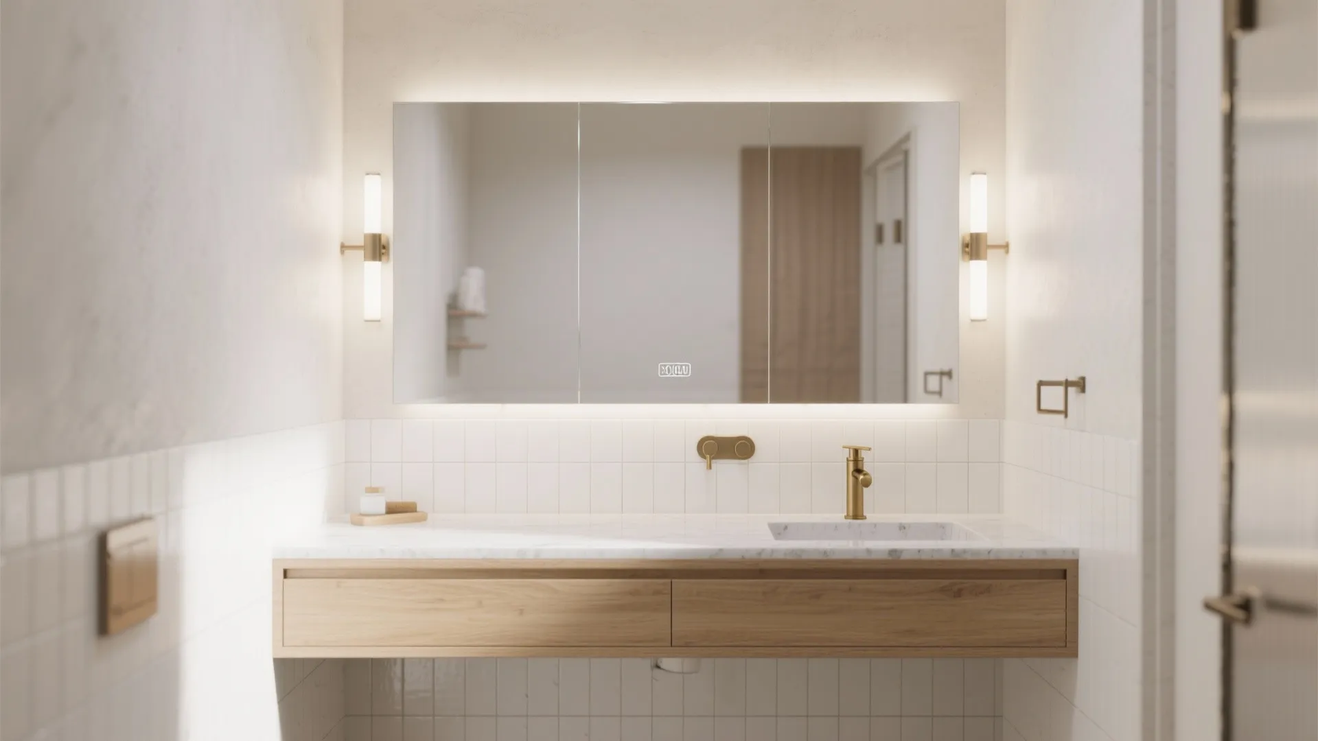 Modern bathroom with large rectangular lighted mirror above a wooden cabinet and white tile wall