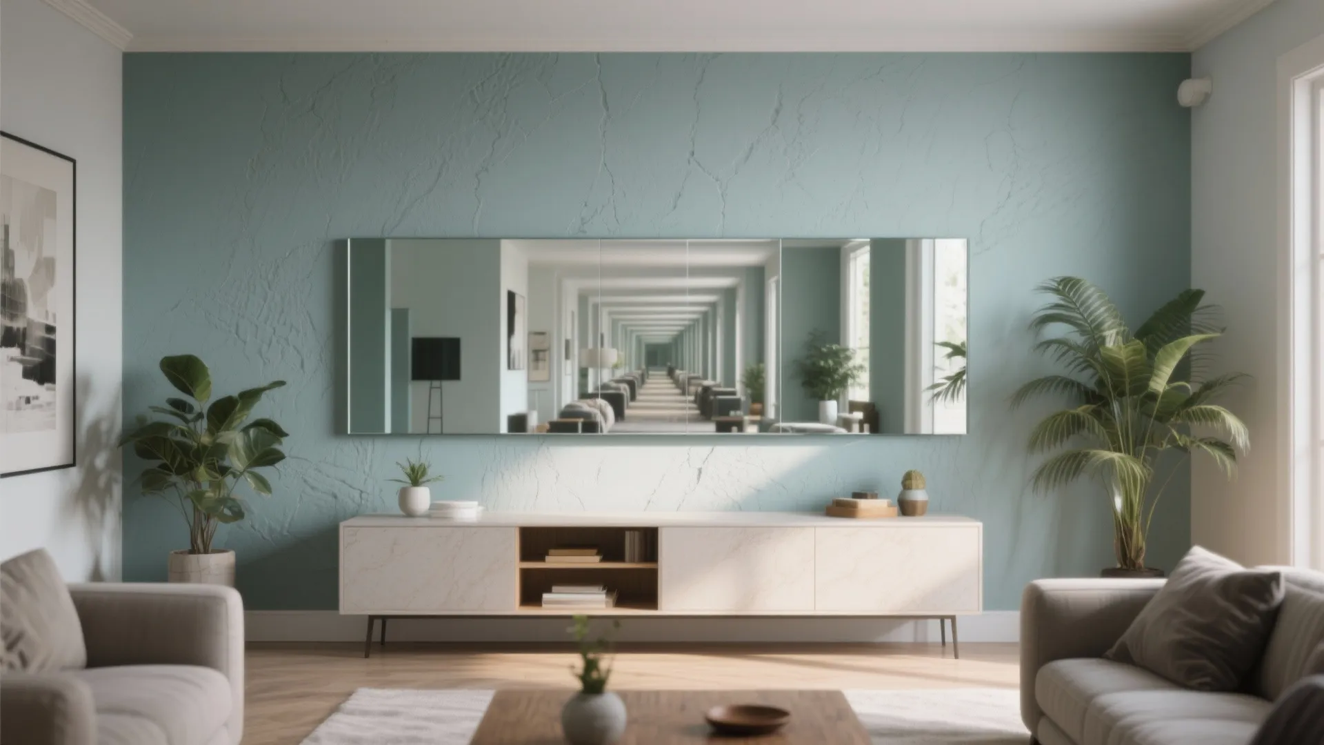 Modern living room with blue textured wall large rectangular mirror white cabinet plants and sofa set