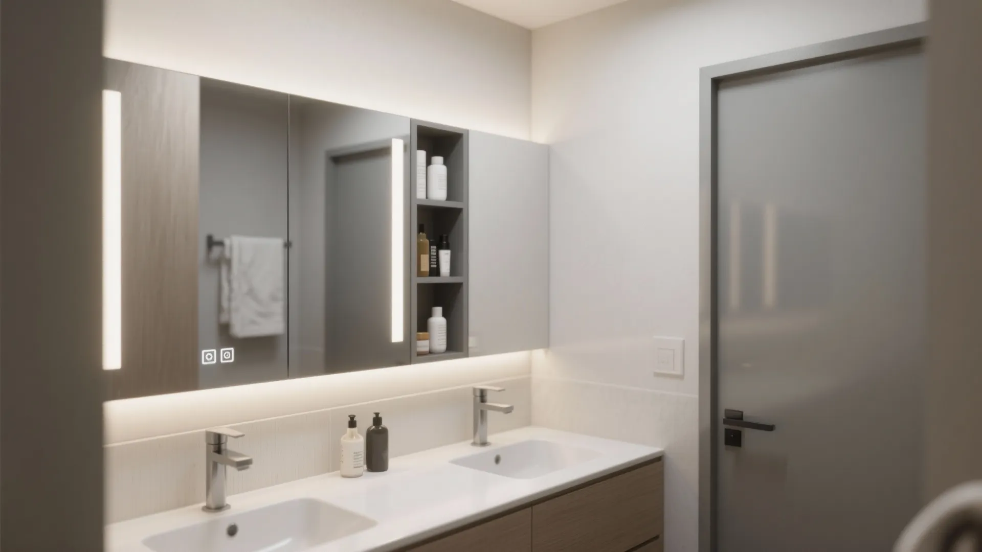Modern bathroom vanity with double sinks and a large wall cabinet featuring integrated light strips design