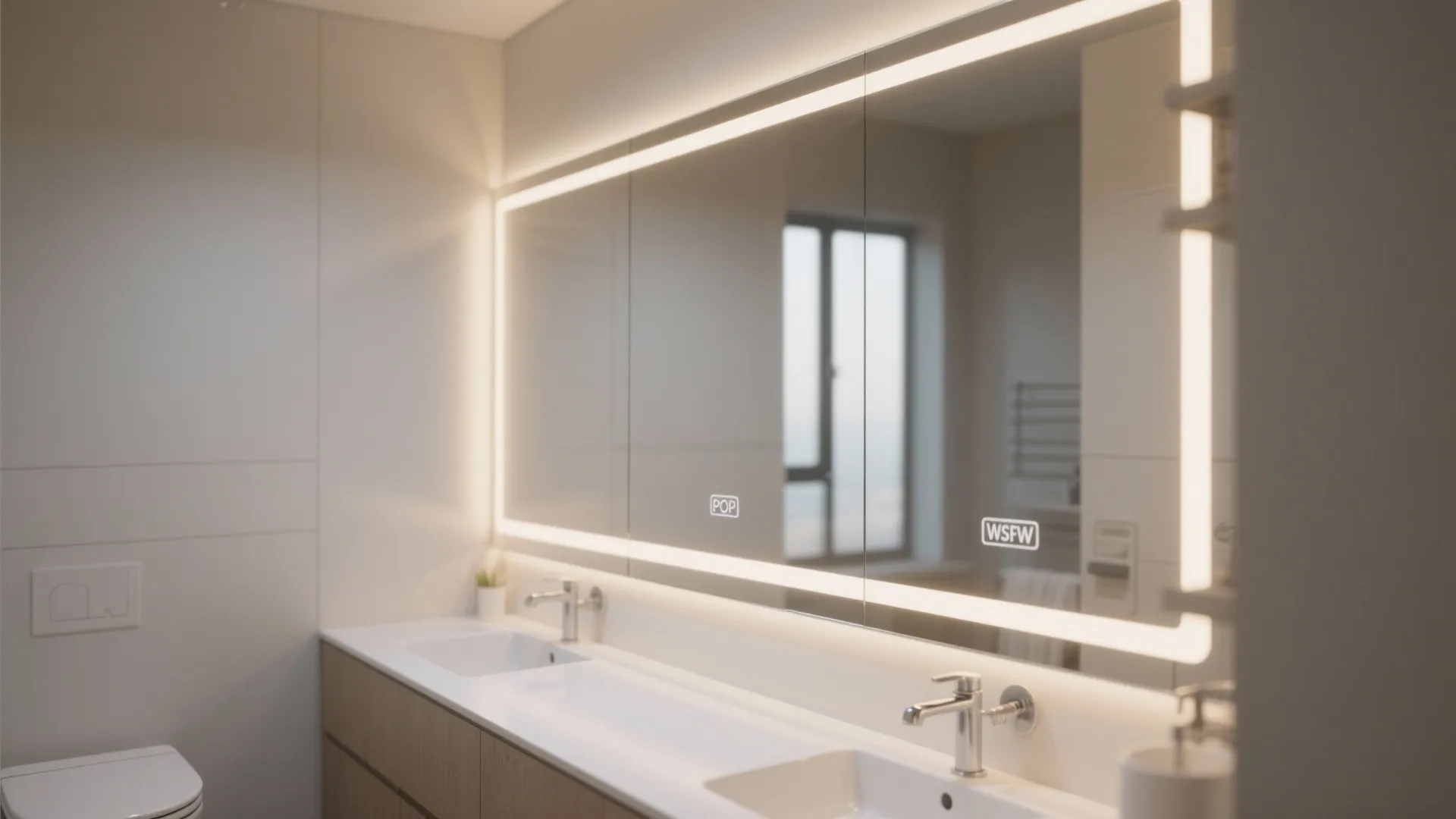 Modern bathroom with long lighted mirror above double white sinks and wood bathroom storage cabinet