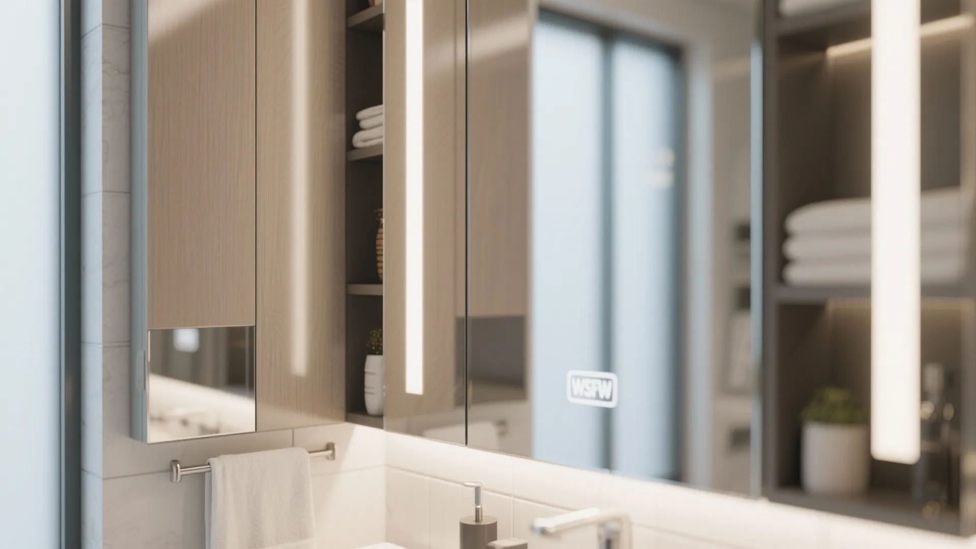 Frameless bathroom mirror with hidden storage space