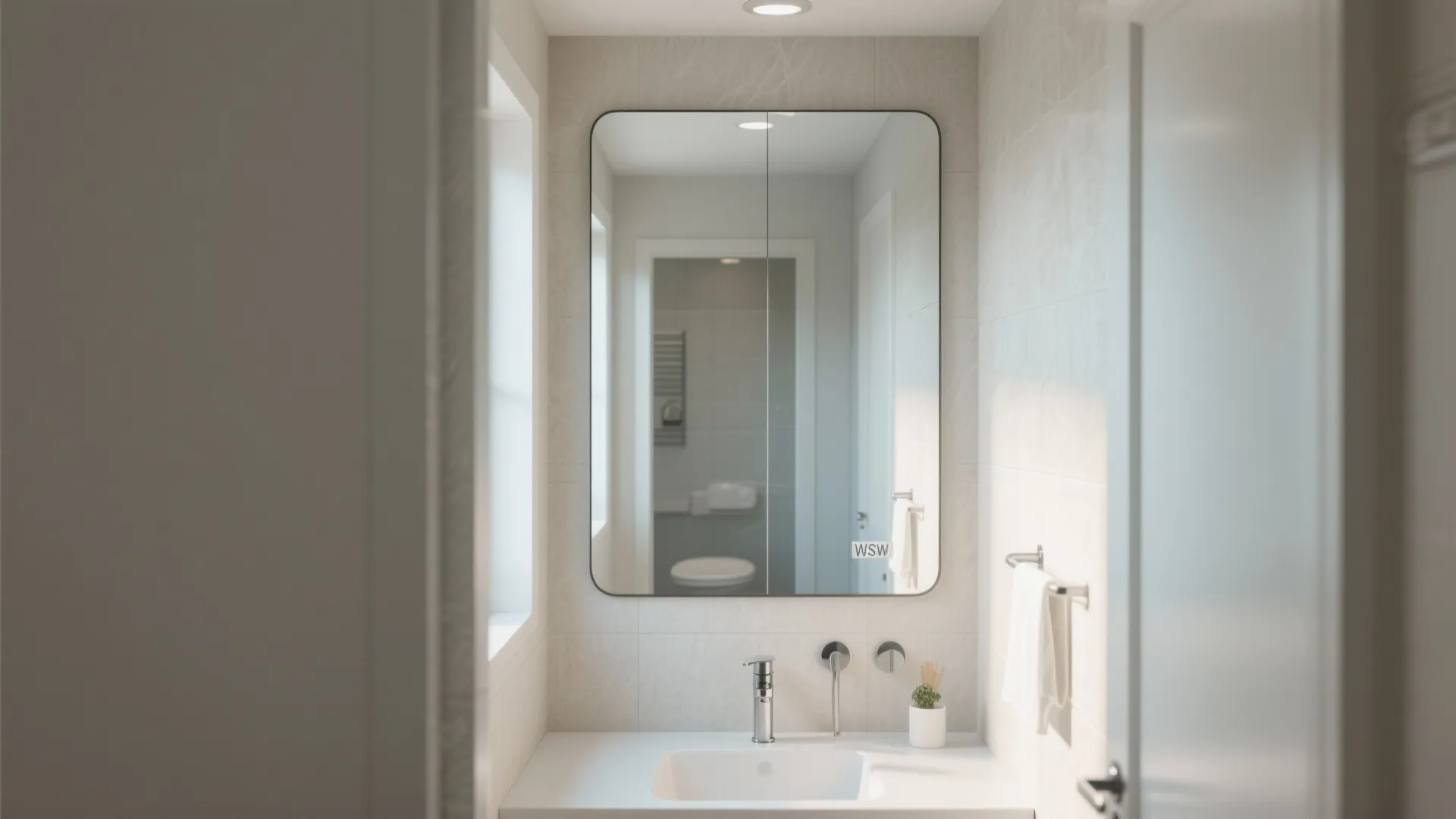 Small bathroom with large frameless wall mirror