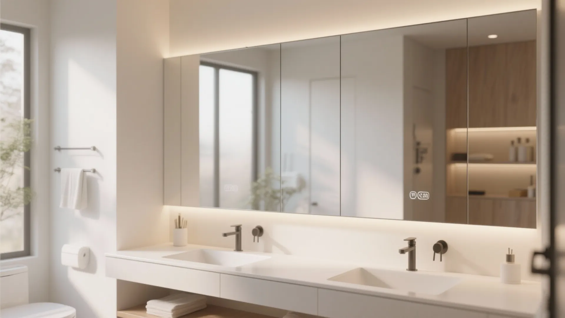 Modern double sink bathroom vanity with large wall mirror and warm lighting plus black faucets