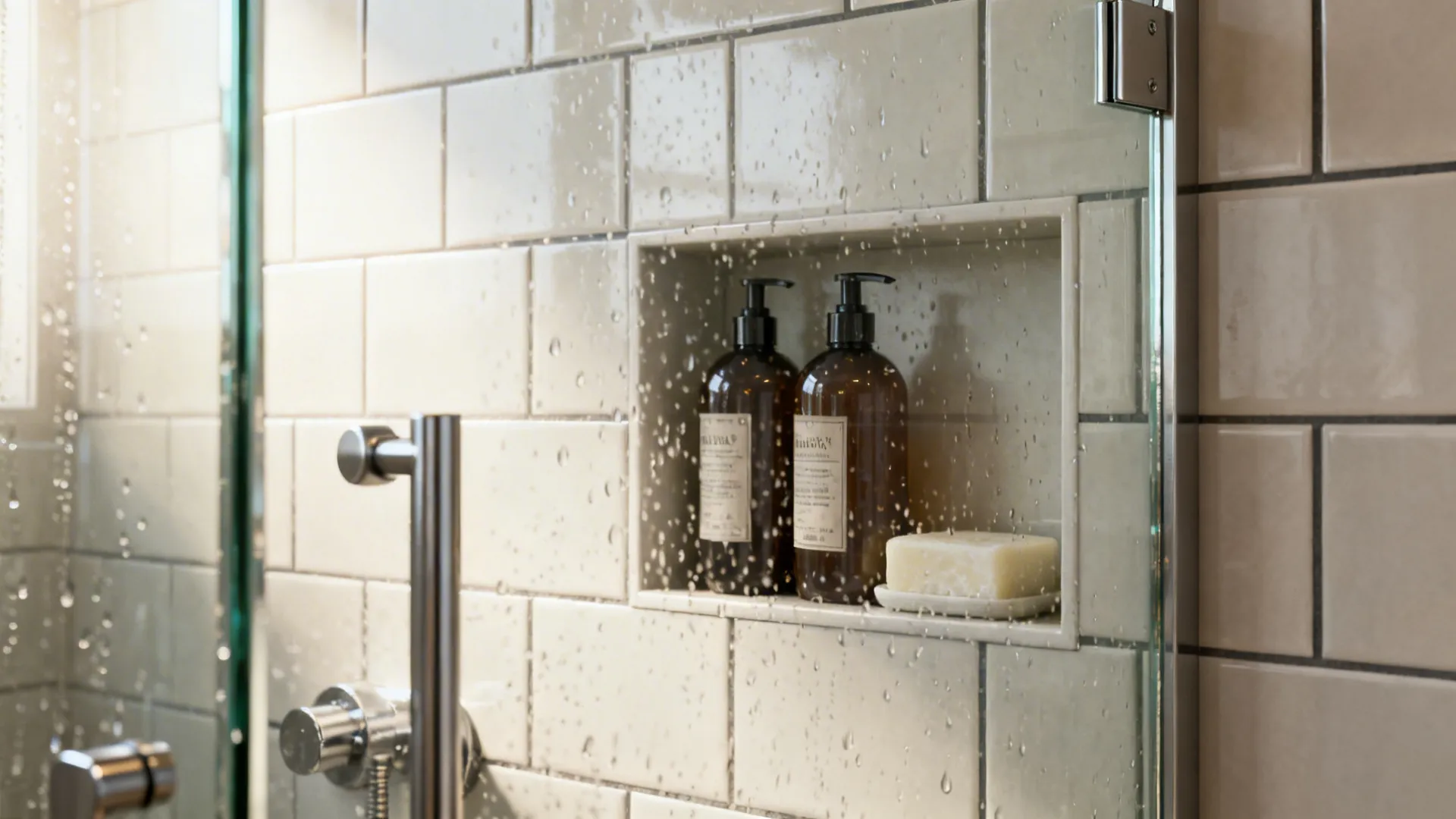 Close-up of frameless glass shower with recessed niche and neatly arranged bottles.