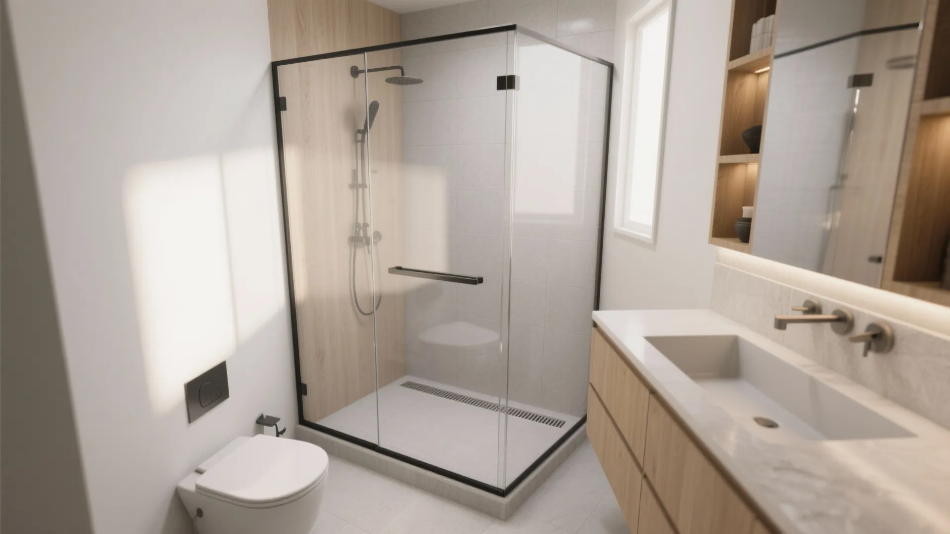 Modern bathroom with glass shower cabin wood wall panel white toilet and wooden vanity sink