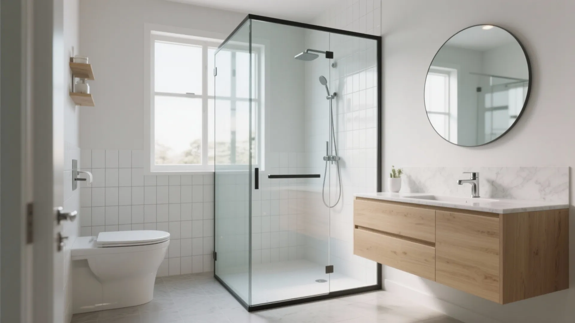 Modern bathroom with glass shower cabin, wooden cabinet, round mirror, white toilet and large window