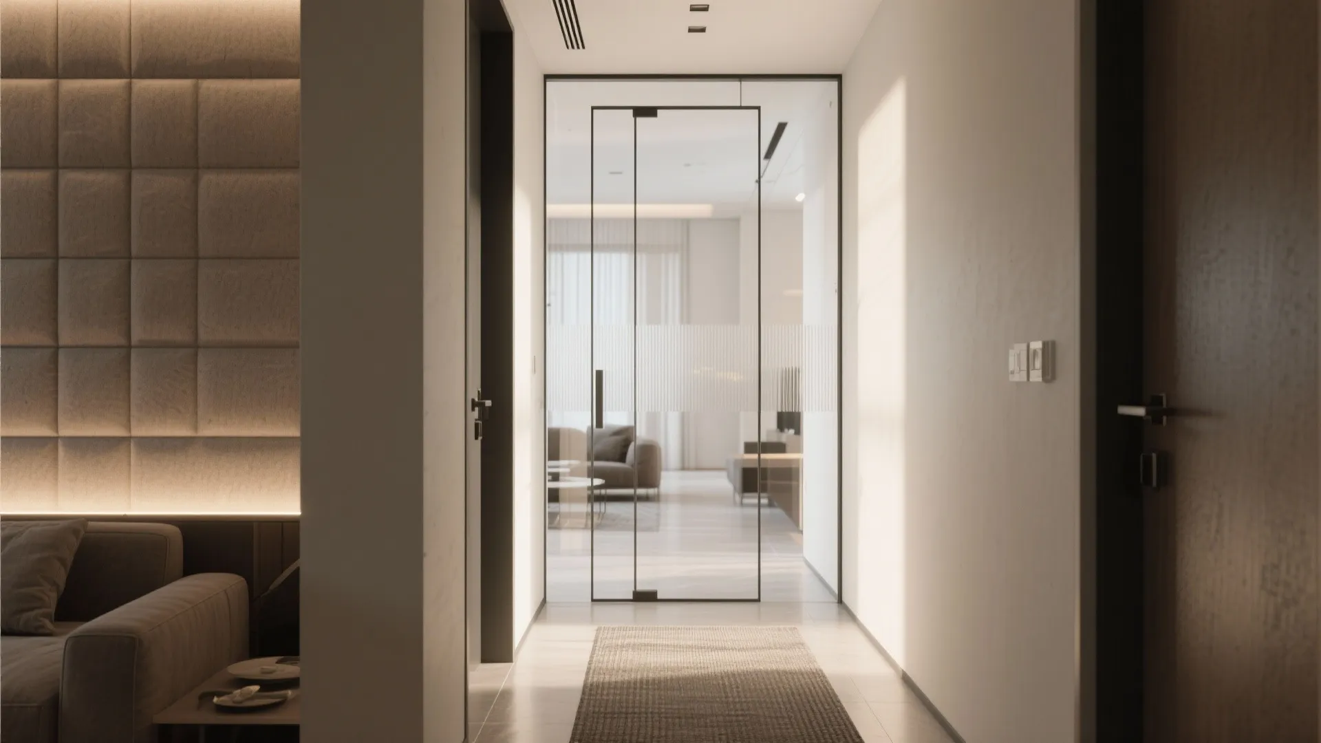 Modern hallway with a glass door and frosted glass strip looking into a bright room