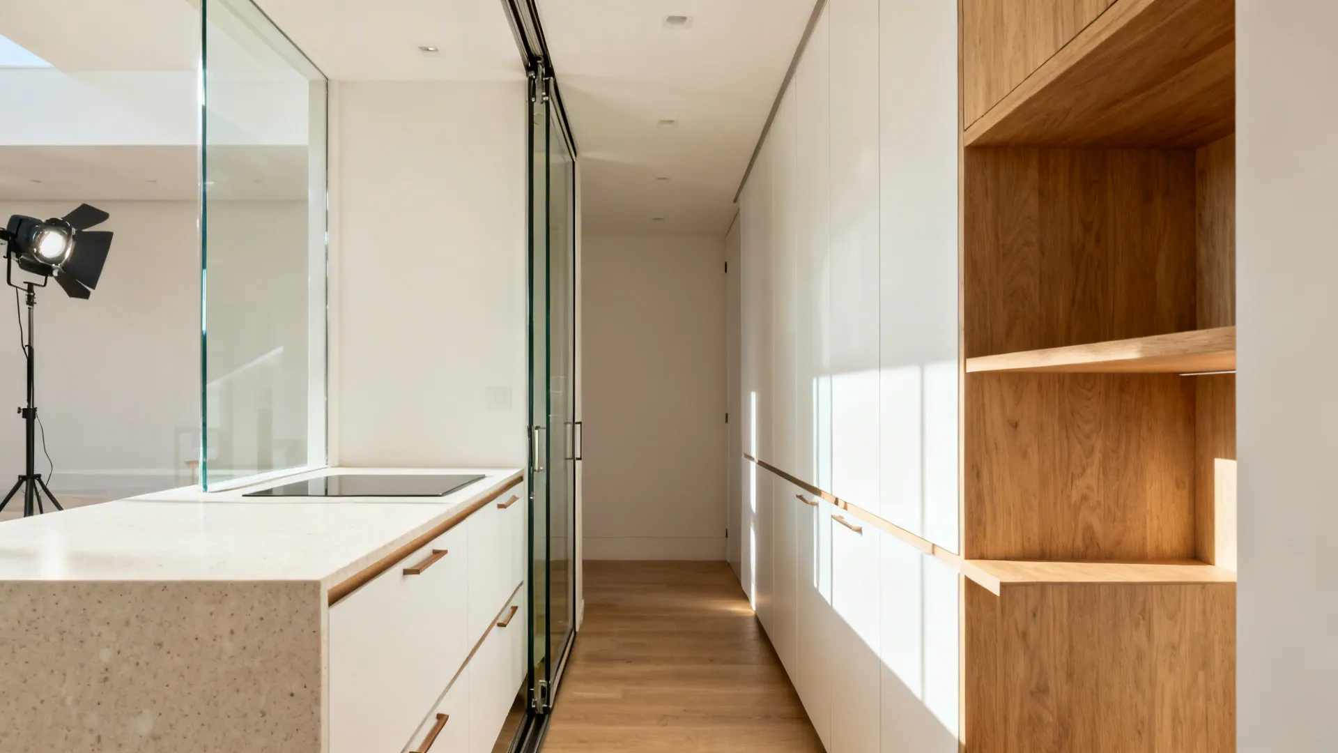 Frameless glass pocket door in a bright galley kitchen, disappearing into the wall.