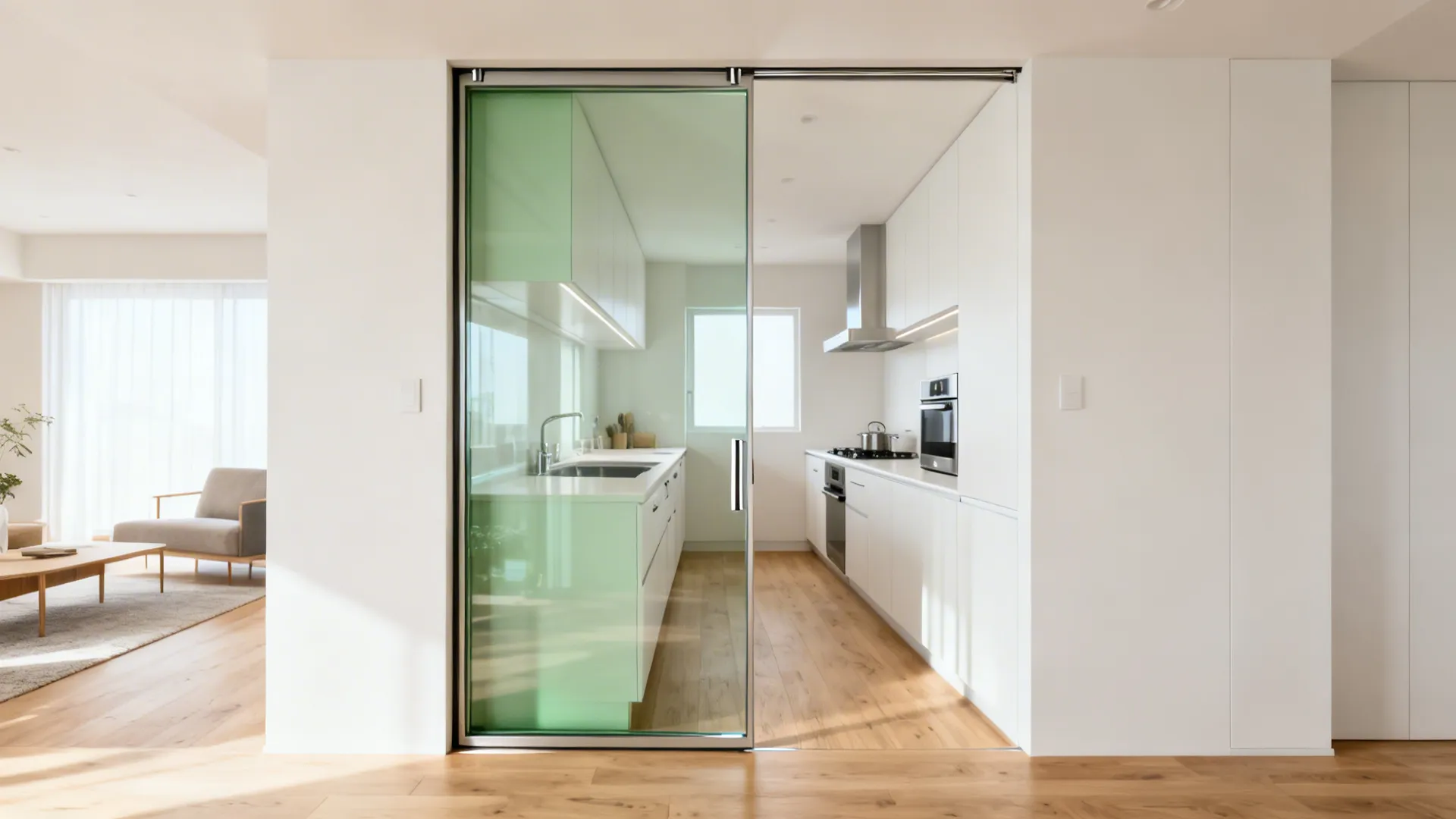 Glass sliding door separates a white kitchen from a bright living room with wood floors
