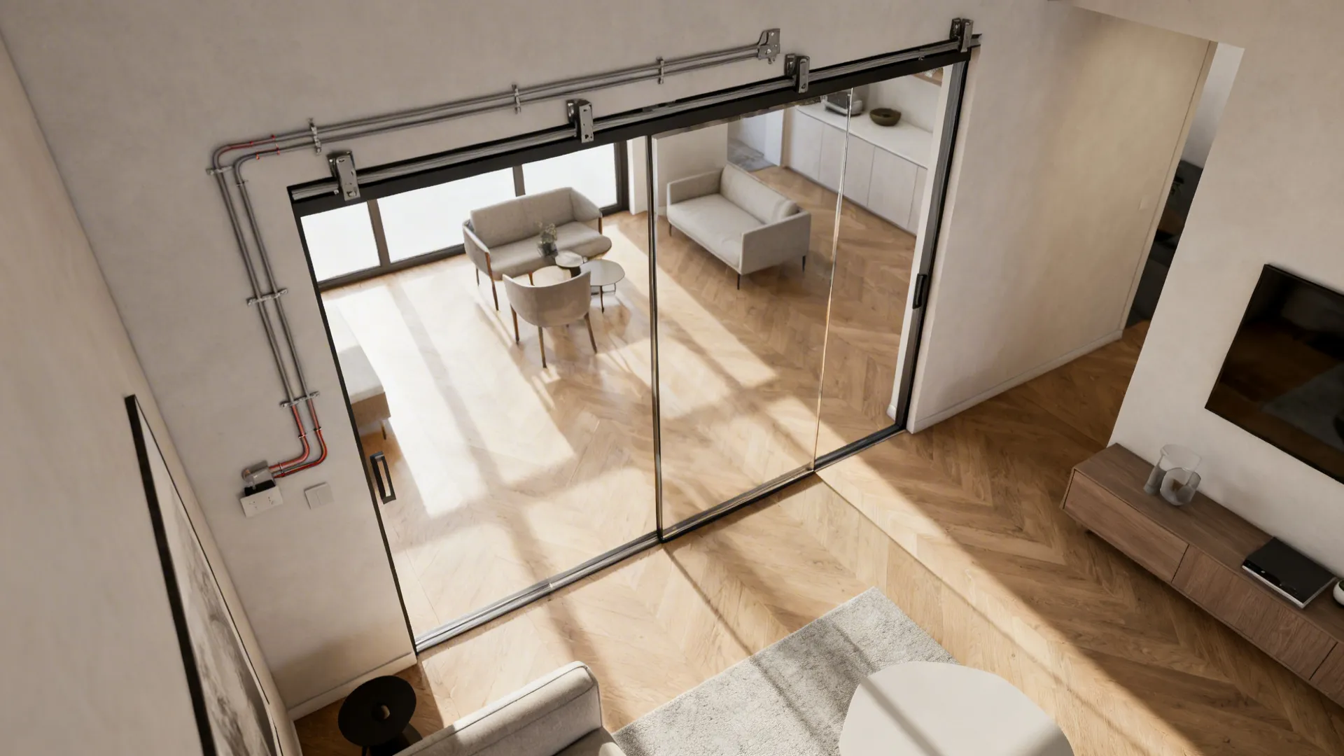 Top-down view of a frameless glass pocket door sliding into a wall cavity in a compact living room.