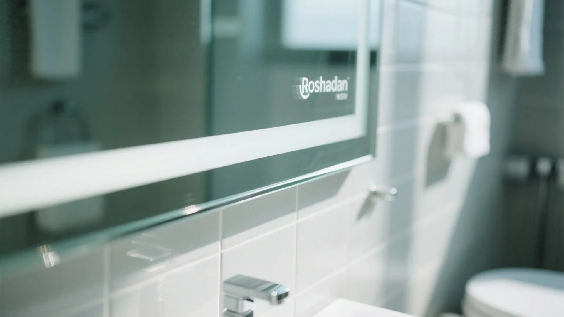 Modern bathroom mirror with built in light strip mounted on clean white wall tiles surface