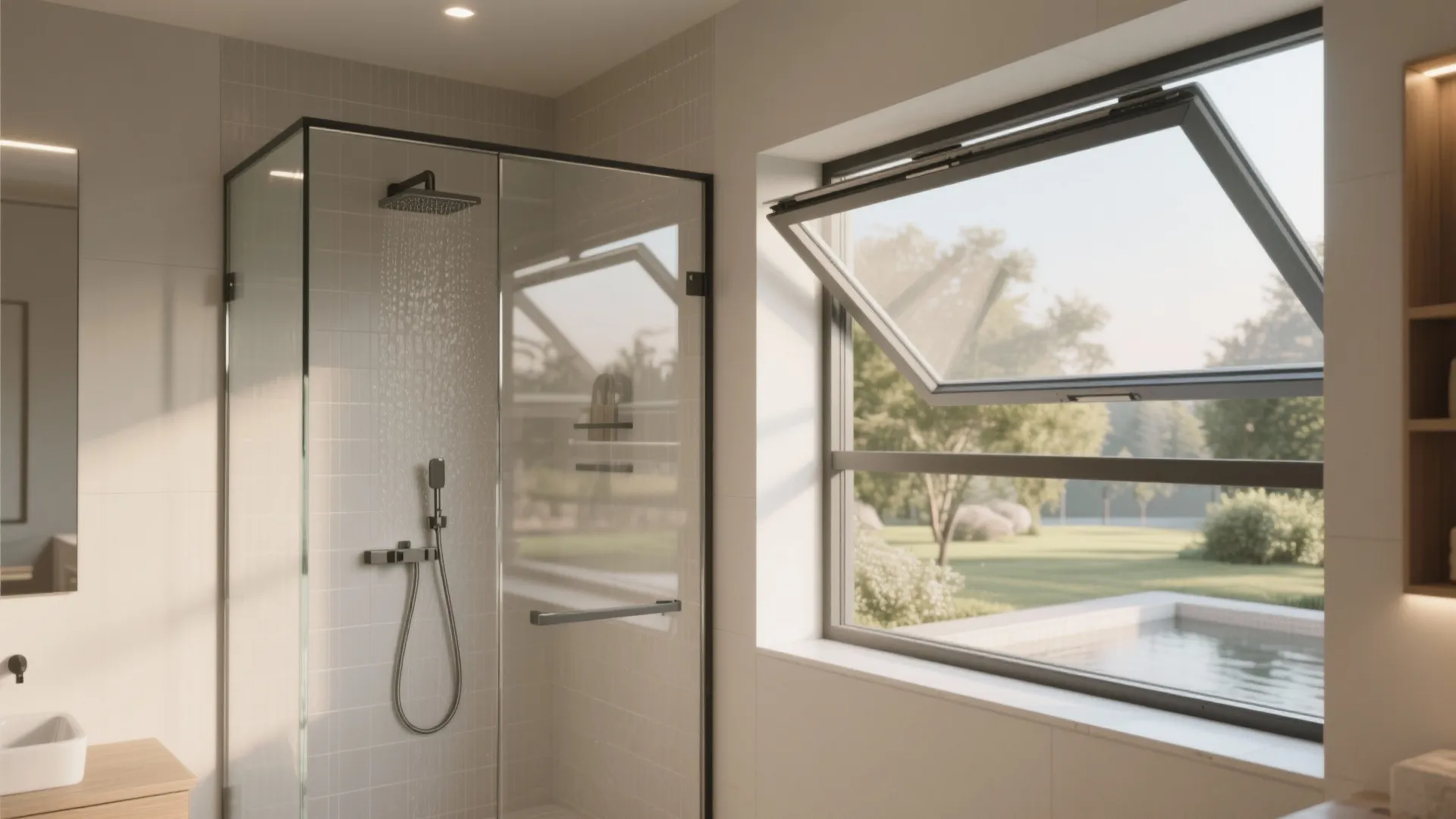 Modern bathroom featuring glass shower cabin next to a large open window with garden view