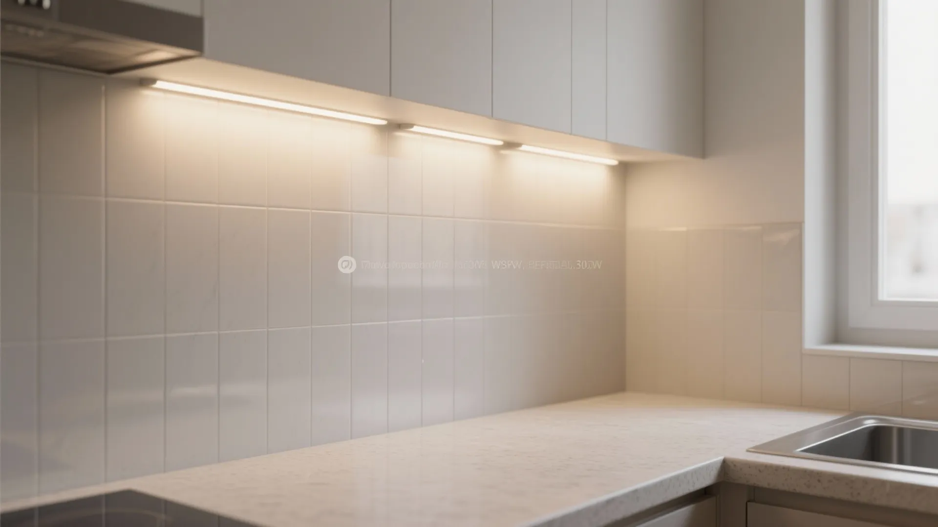 Modern kitchen with white tiles under cabinet light fixture and marble countertop with sink view