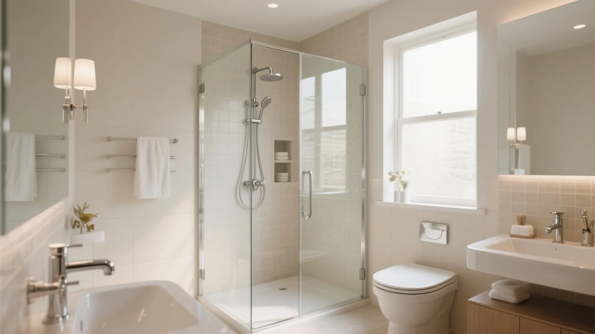 Bright bathroom with glass shower cabin white toilet window wall light and two white sinks