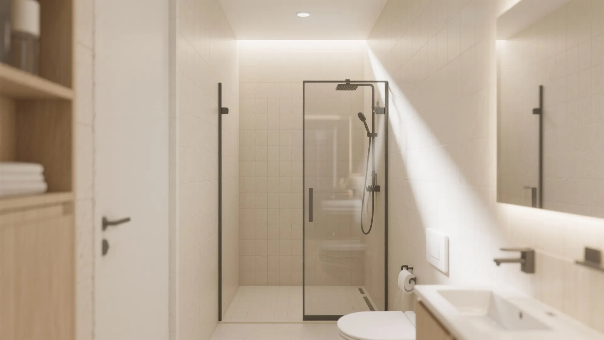 Modern bathroom with glass shower door black shower head white sink toilet and light tiles