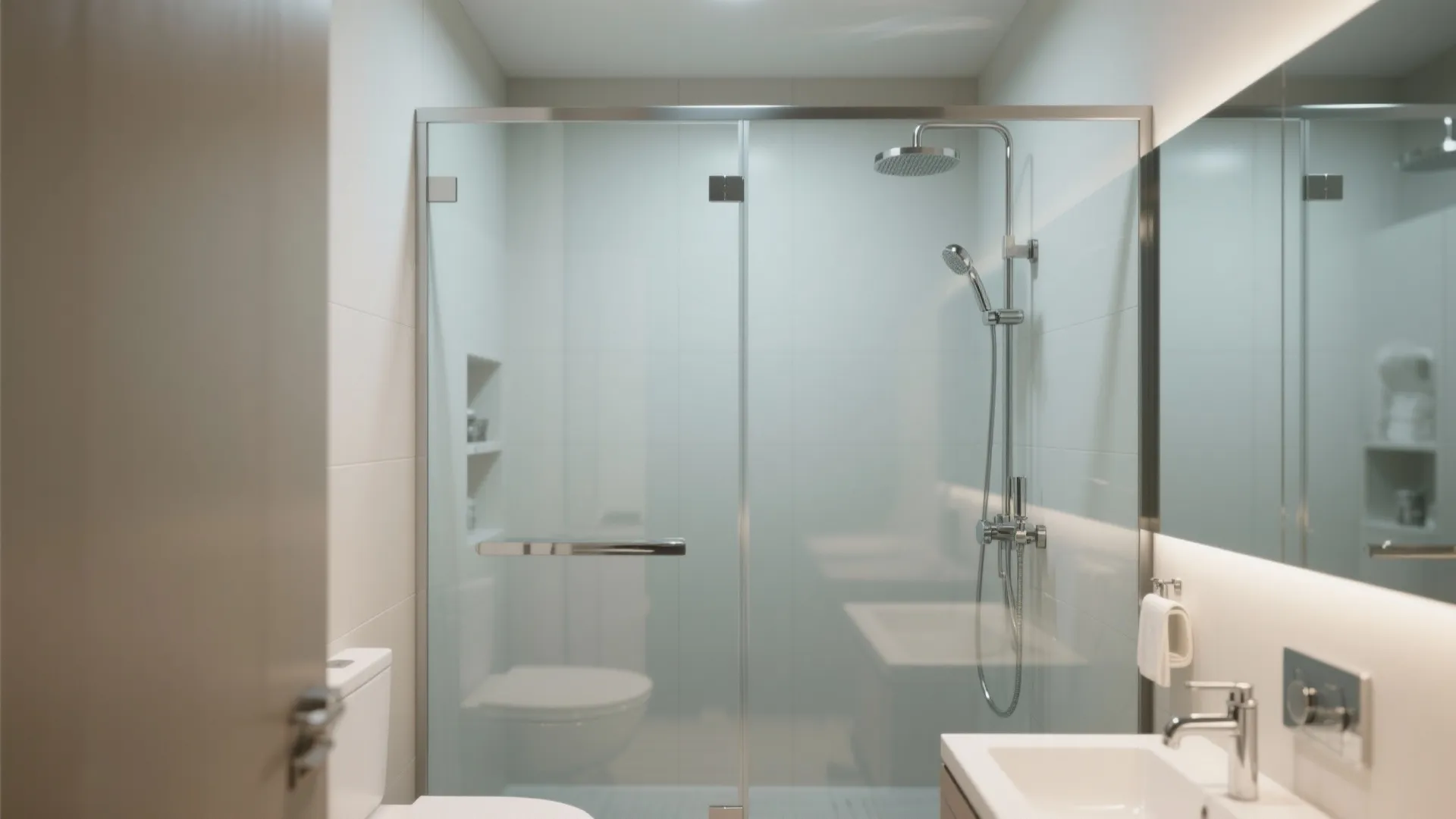 Clean bathroom interior with glass shower door silver shower head white sink and large lit mirror