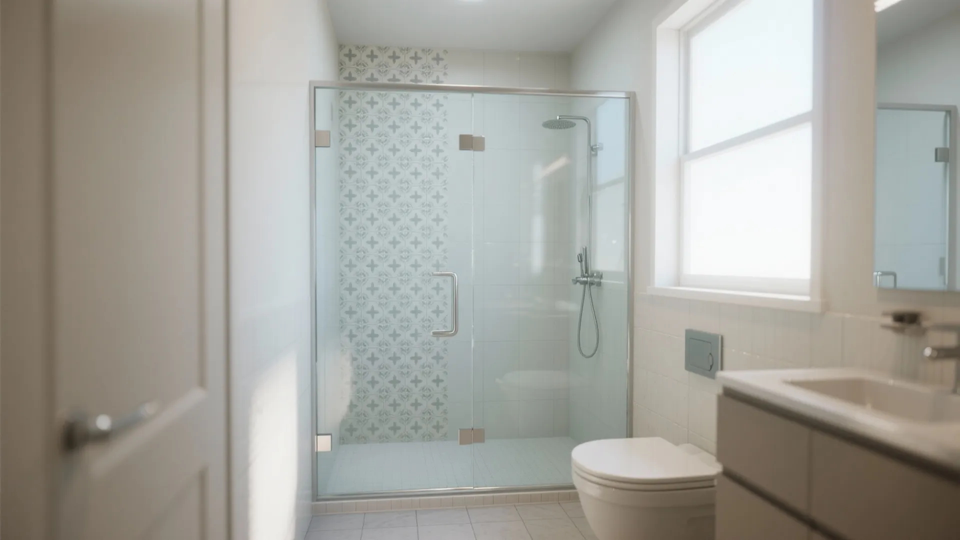 Frameless glass shower for uninterrupted sightlines