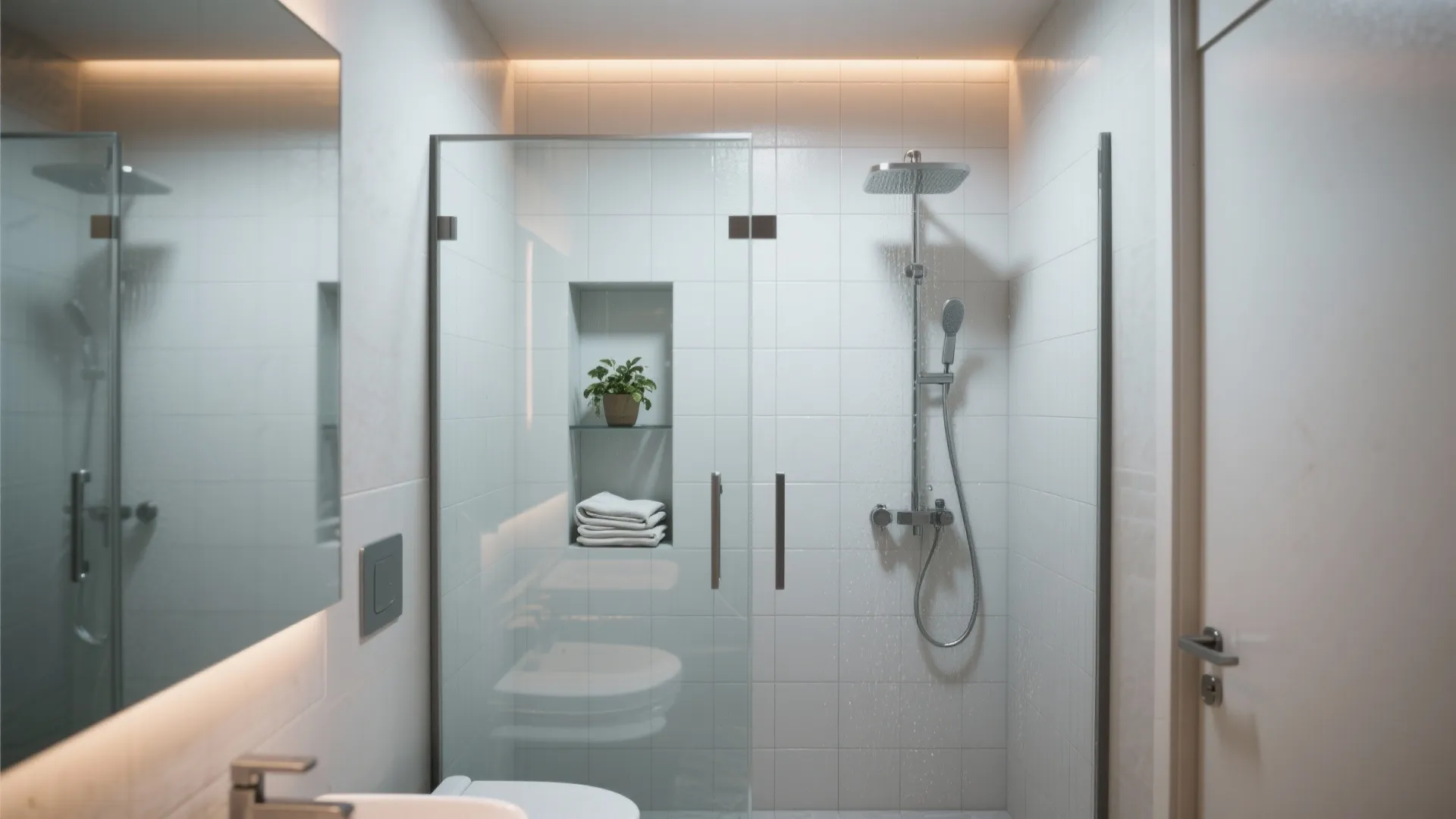 Clean white bathroom with glass shower door wall tiles mirror toilet and small green plant