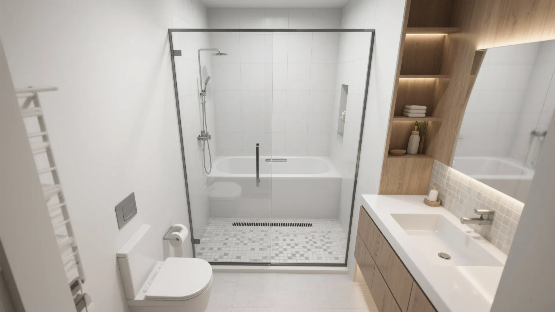 Clean bathroom design with white toilet glass shower enclosure wooden shelving and white sink cabinet