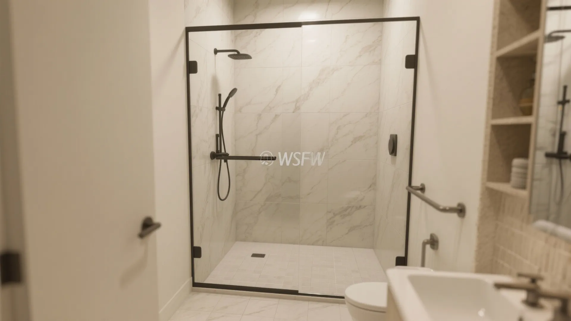 Walk in shower with glass door marble wall tiles black shower head and white sink