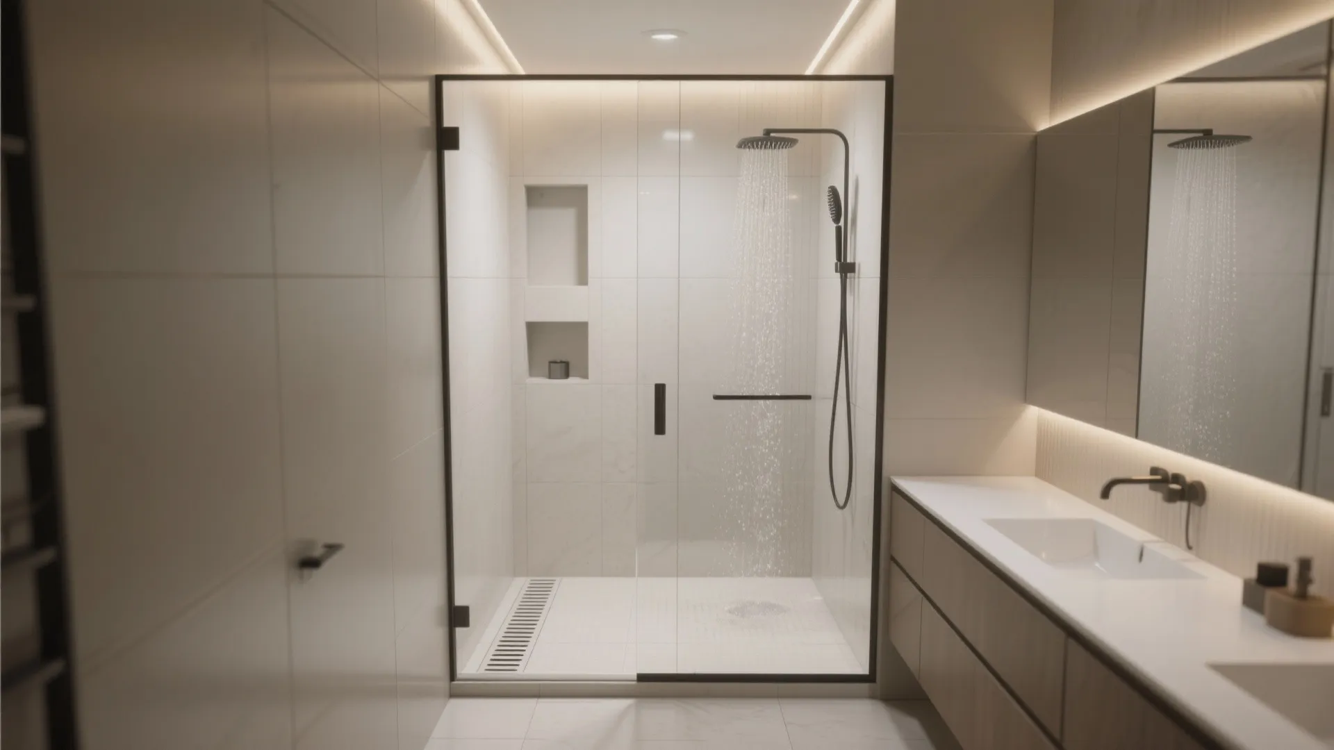 Modern bathroom featuring glass shower door with black frame white wall tiles and wooden cabinet