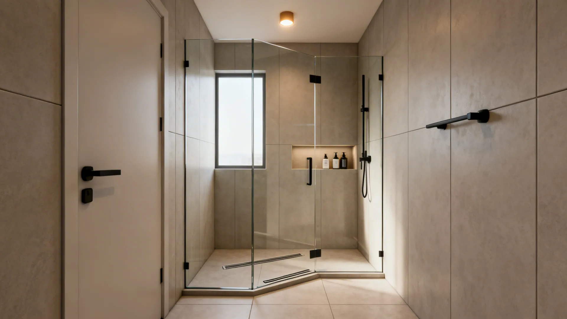 Frameless glass shower in a small bathroom with recessed niche and large-format tiles