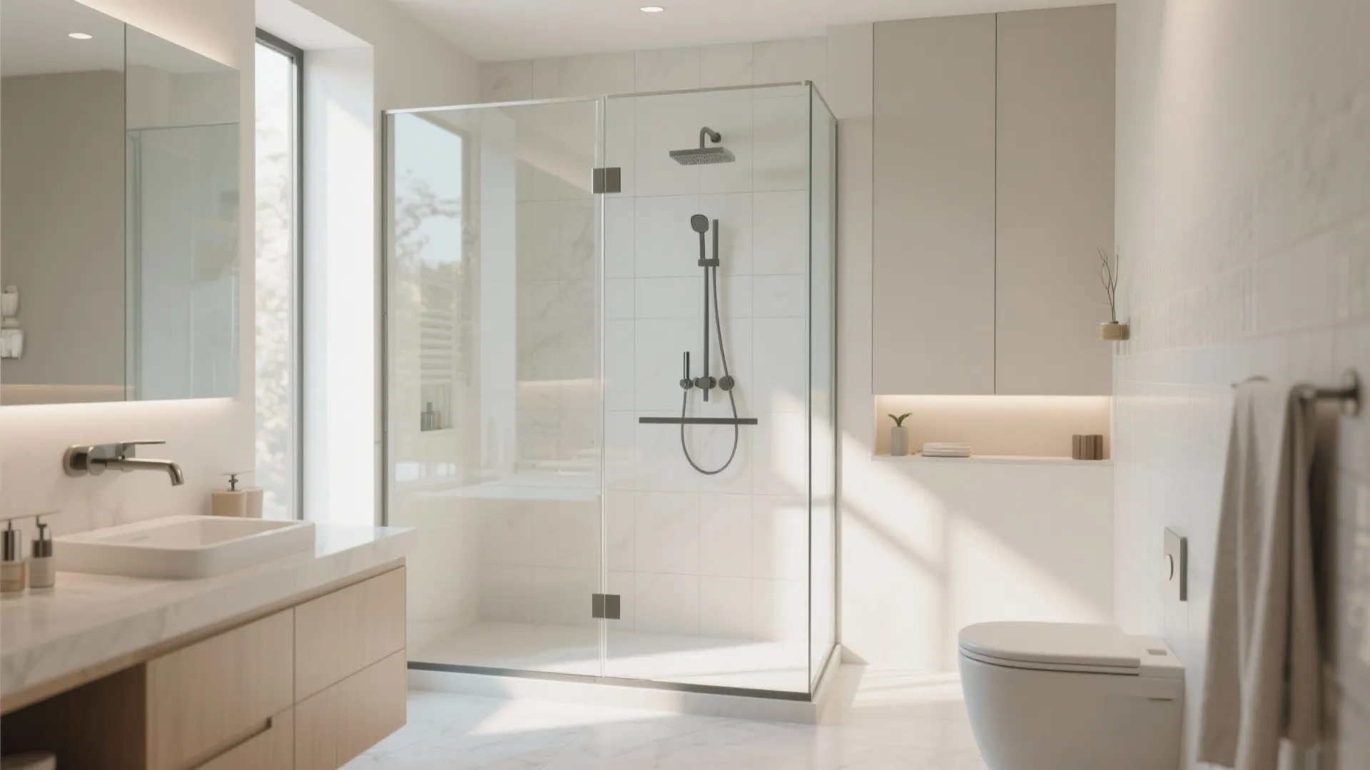 Modern bright bathroom featuring a glass shower area with black hardware and a white toilet