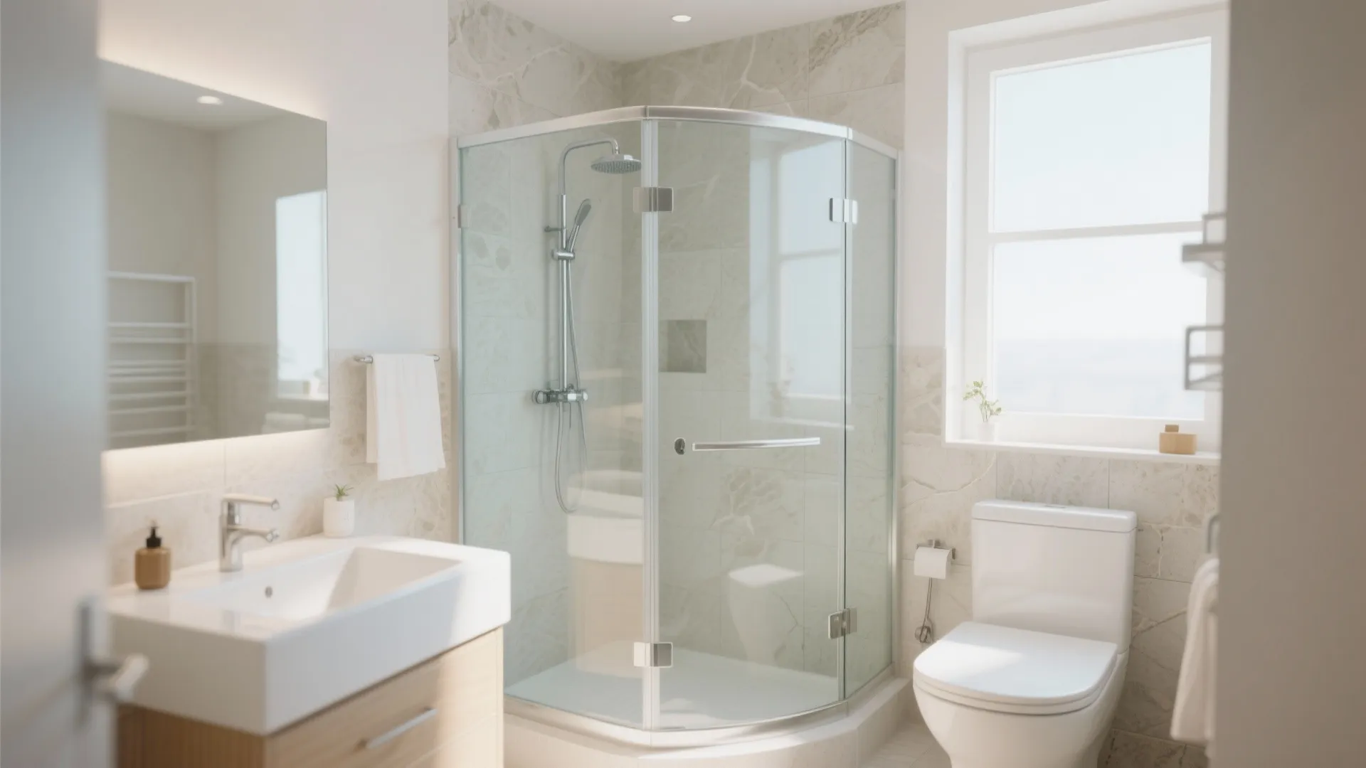 Frameless glass shower door in a small modern bathroom