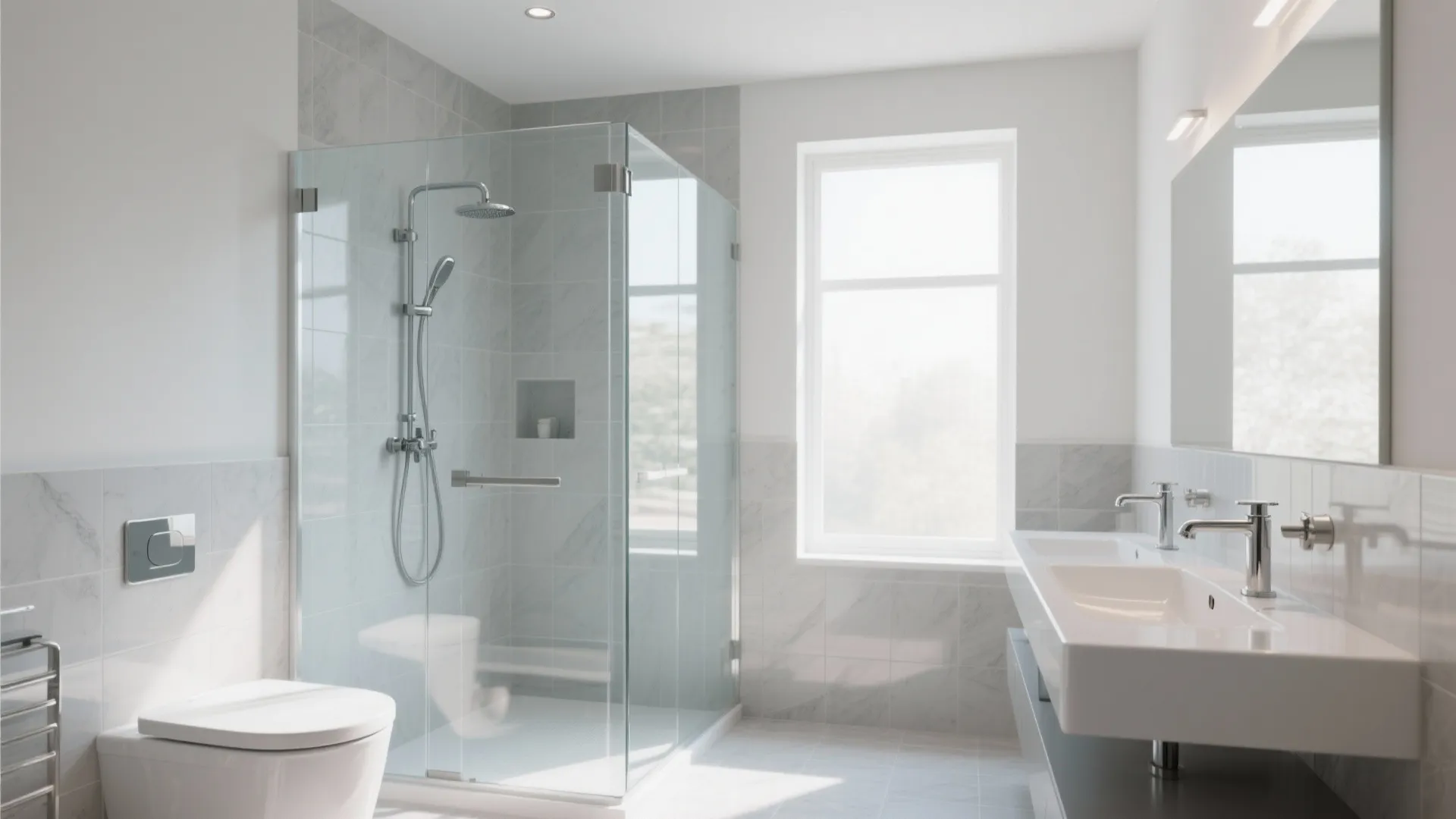Modern bathroom with glass shower door, white toilet, double sink, large window, and marble tiles