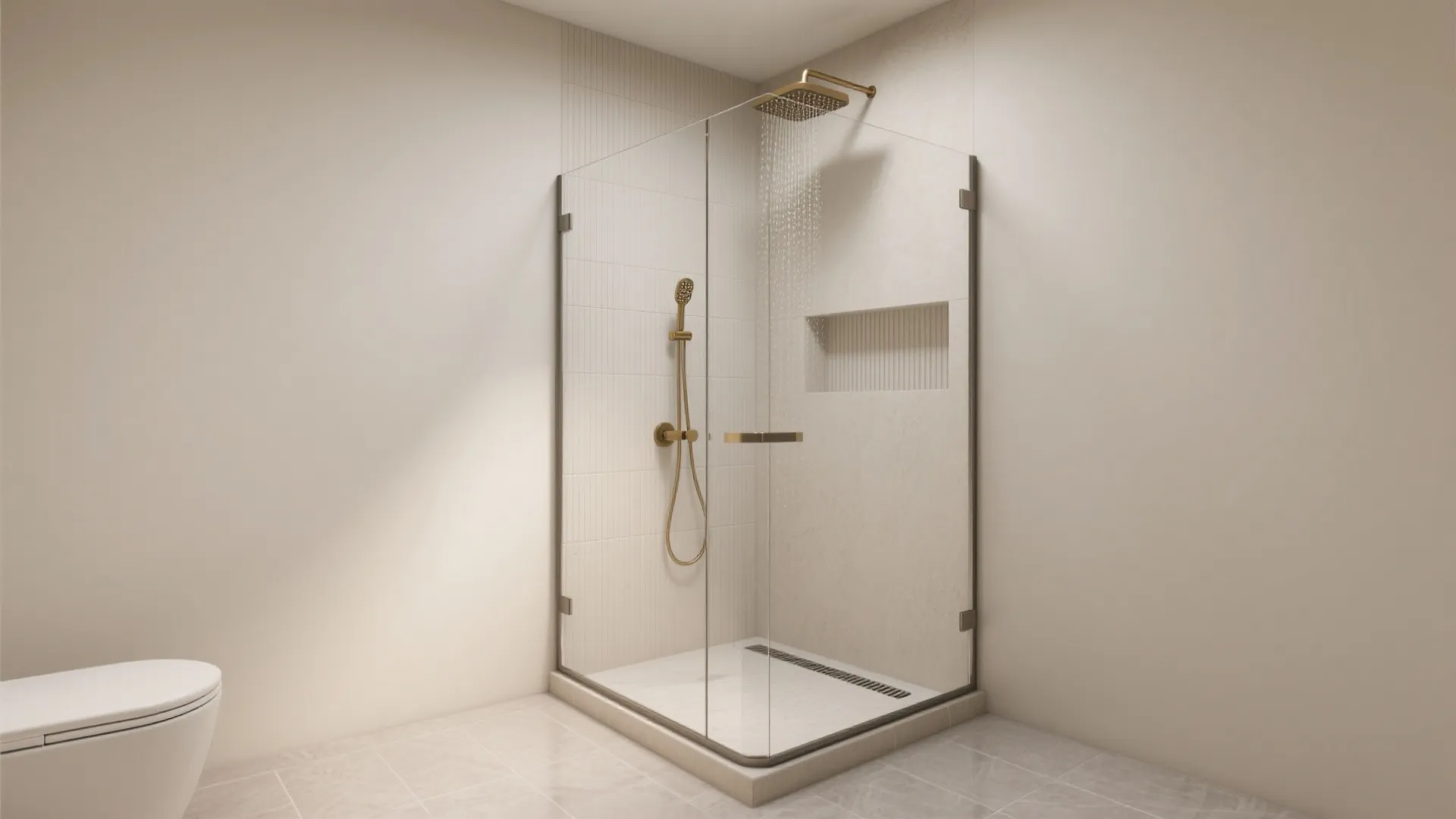 Glass shower box with gold shower head and wall shelf in minimalist bathroom with beige tiles