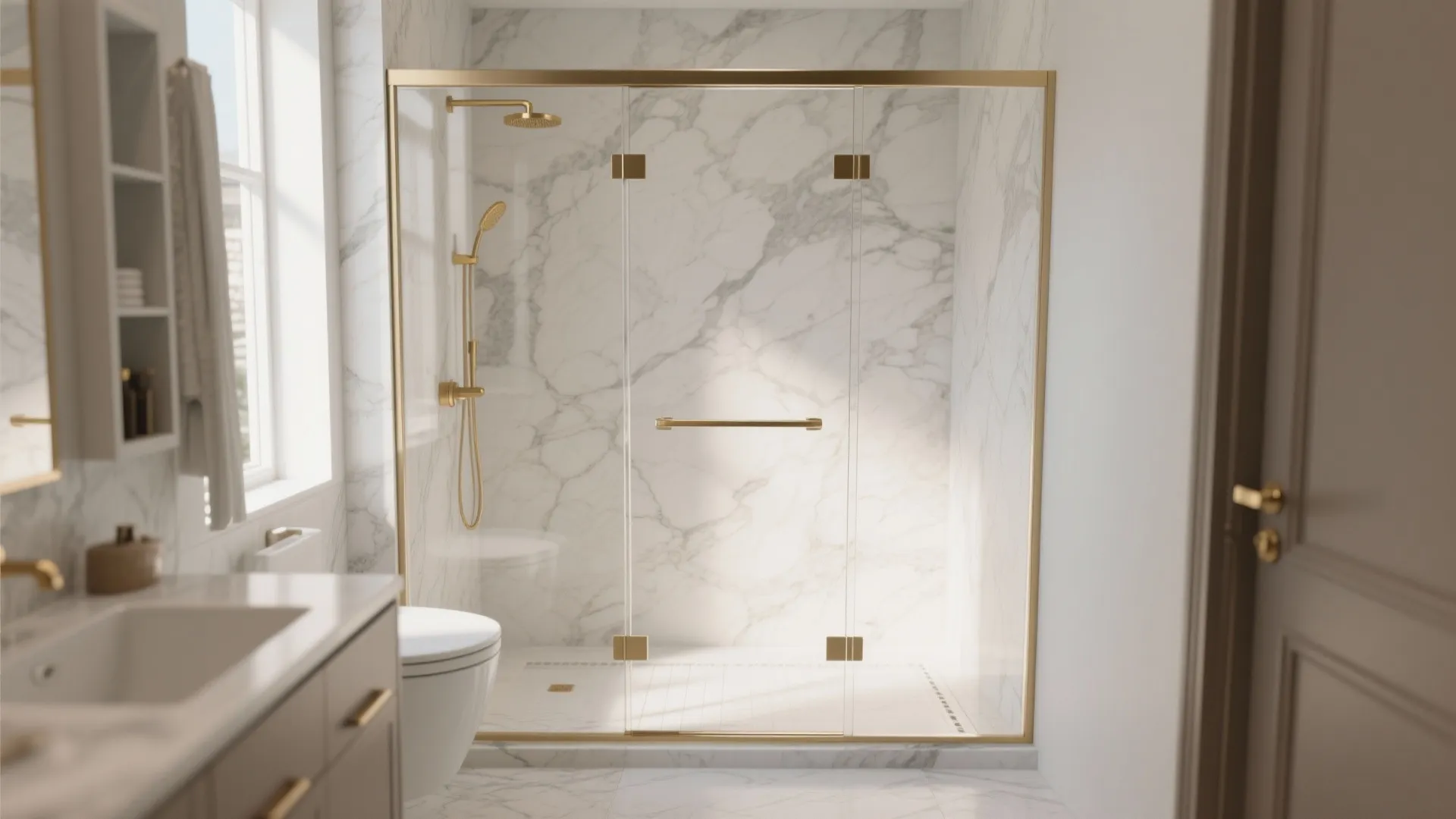 3. Frameless glass shower with gold trim details