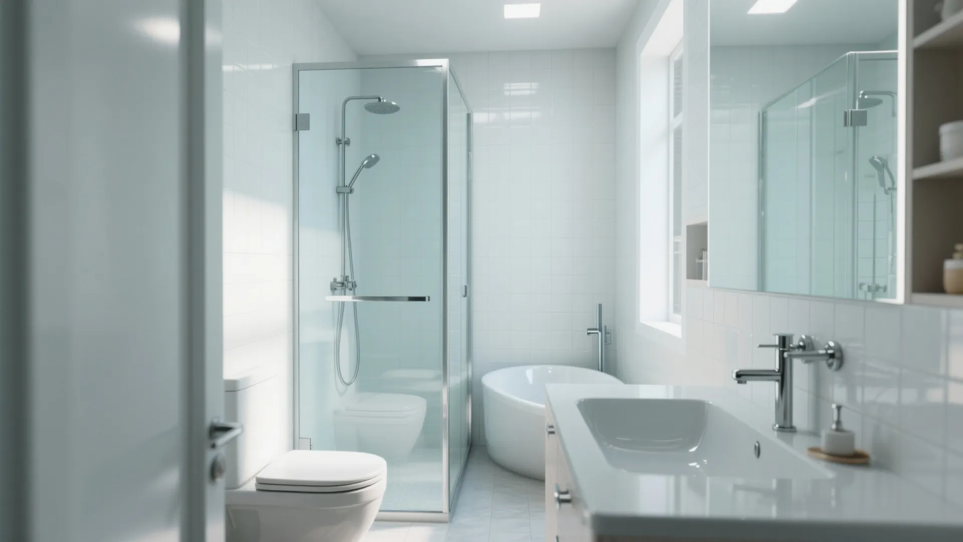Frameless glass shower panel next to a bathtub in small bathroom