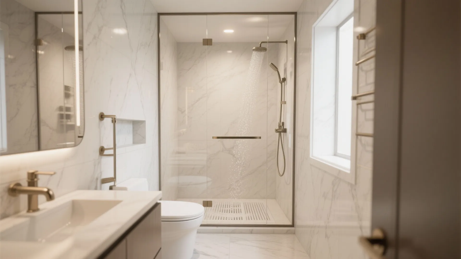 Bright bathroom with marble walls glass shower door white toilet brass water tap and window
