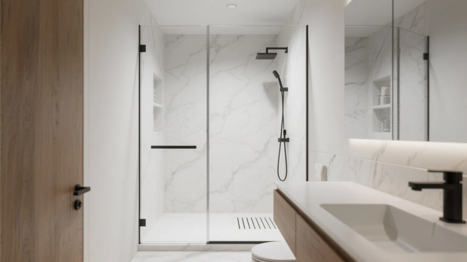 Frameless glass shower for uninterrupted sightlines