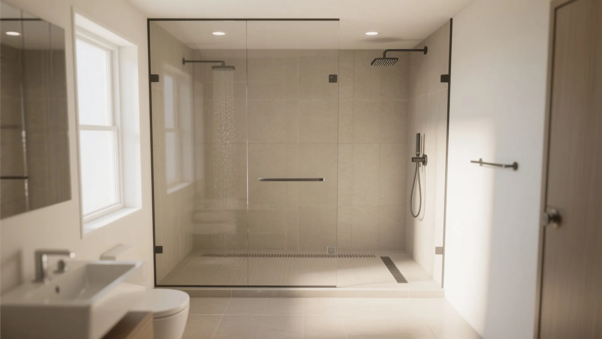 Bright bathroom with glass shower door black shower heads white sink toilet and large side window