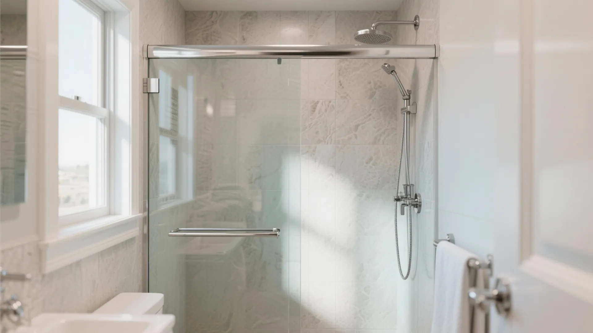 Modern bathroom featuring a sliding glass shower door with chrome handles and light marble wall tiles
