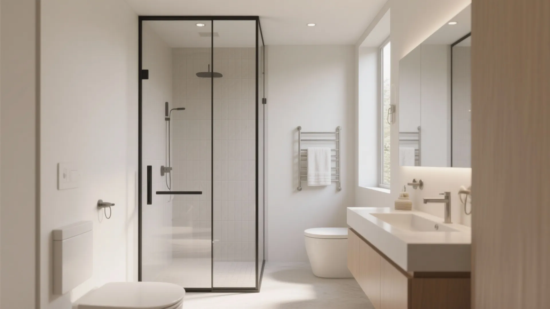 Modern bathroom with glass shower door white toilet wooden sink cabinet and a bright window