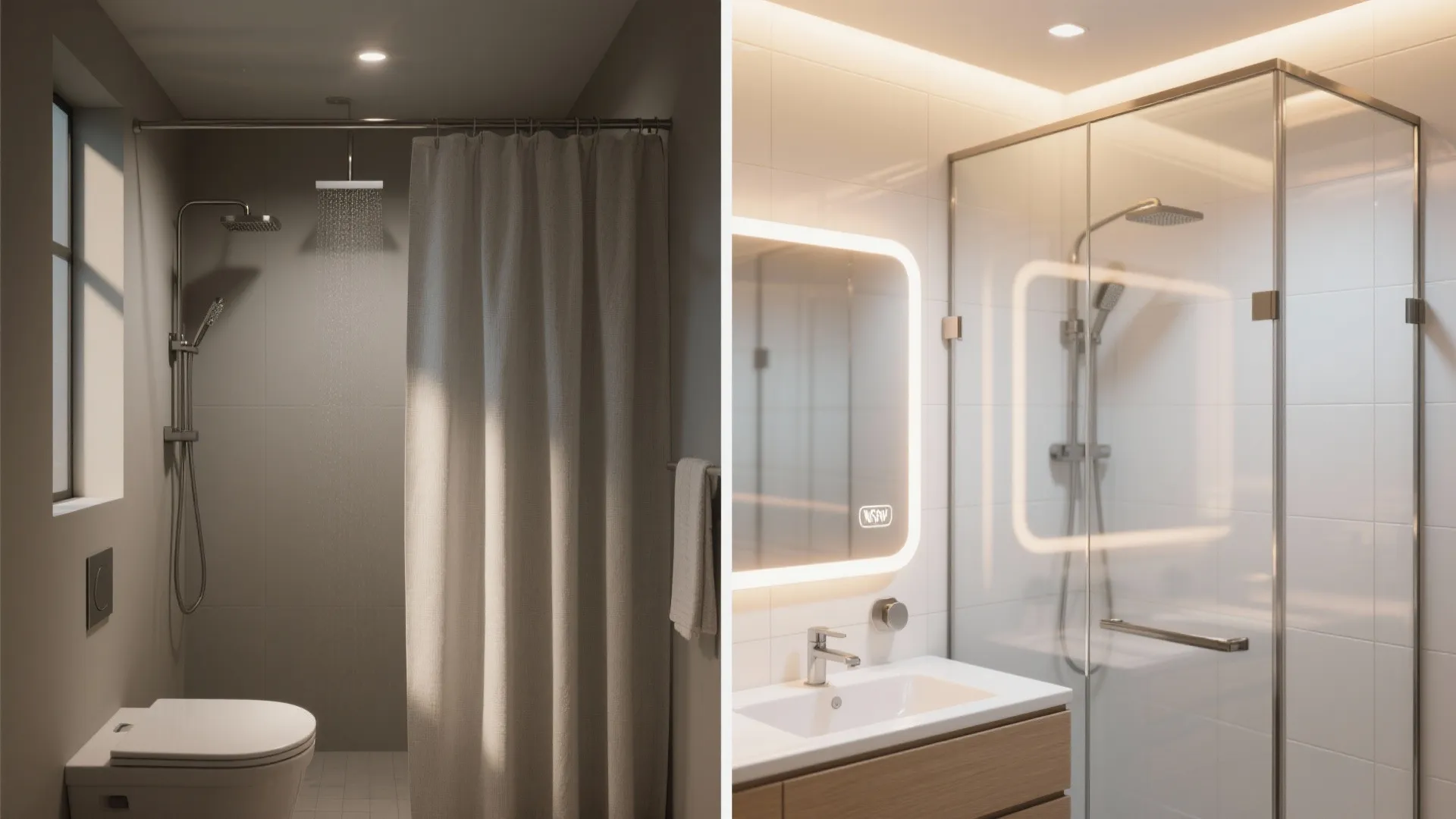 Frameless glass, bright tile, and layered lighting