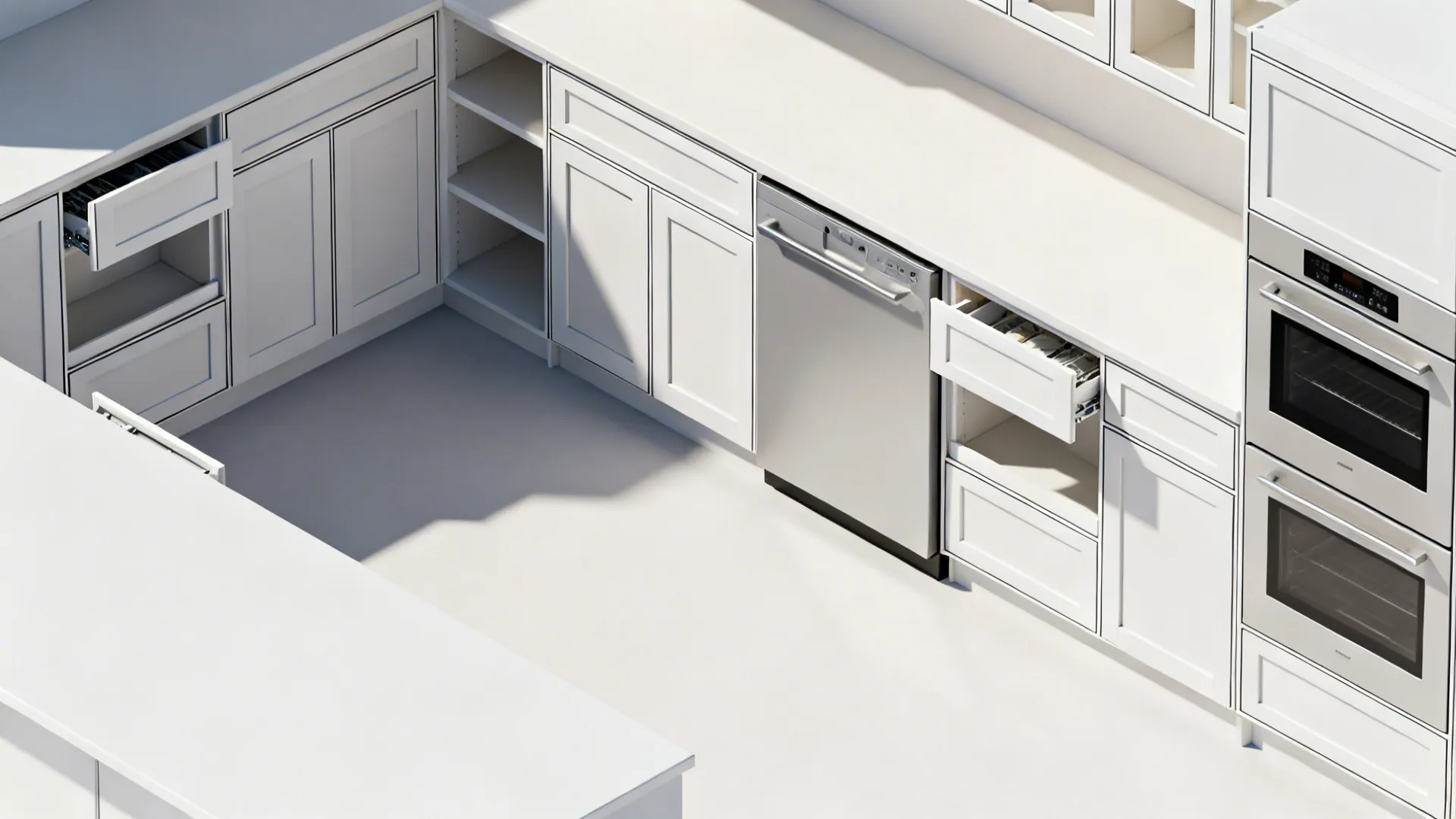 White kitchen layout from above showing open drawers a dishwasher and double wall oven unit