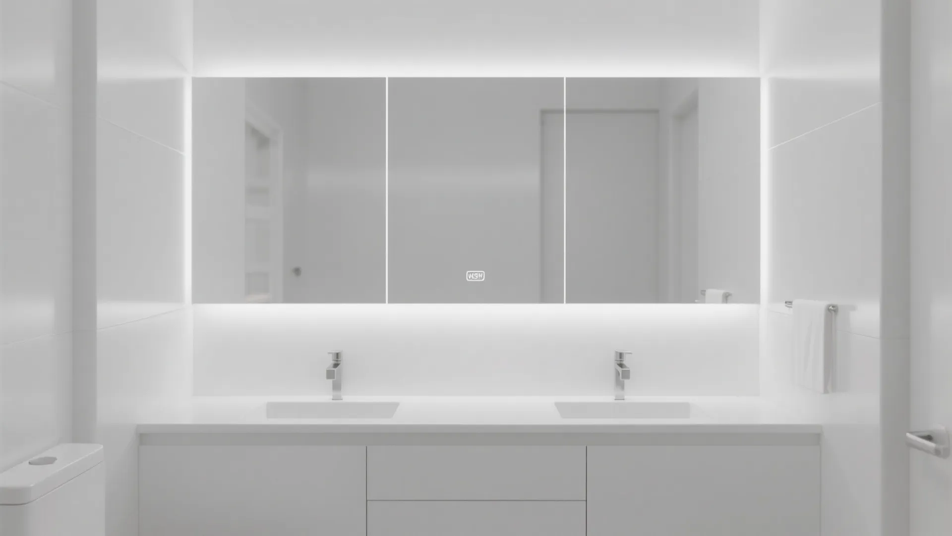 Modern white bathroom featuring three large backlit mirrors above double sinks and minimalist white cabinet