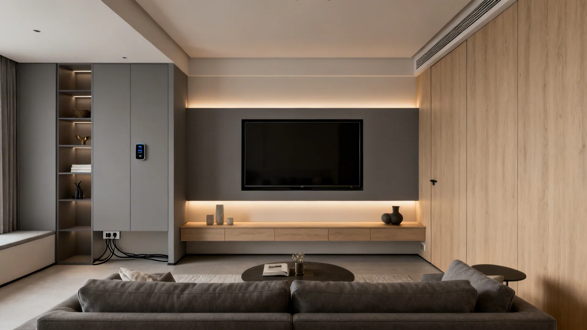 Flush-mounted frameless TV with soft LED bias lighting and concealed devices in a modern small living room.