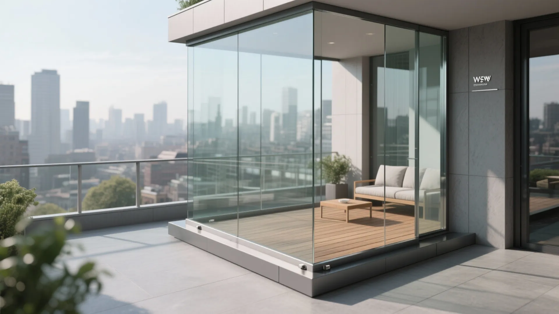 Modern apartment balcony with glass wall panels wooden floor small table sofa and city view