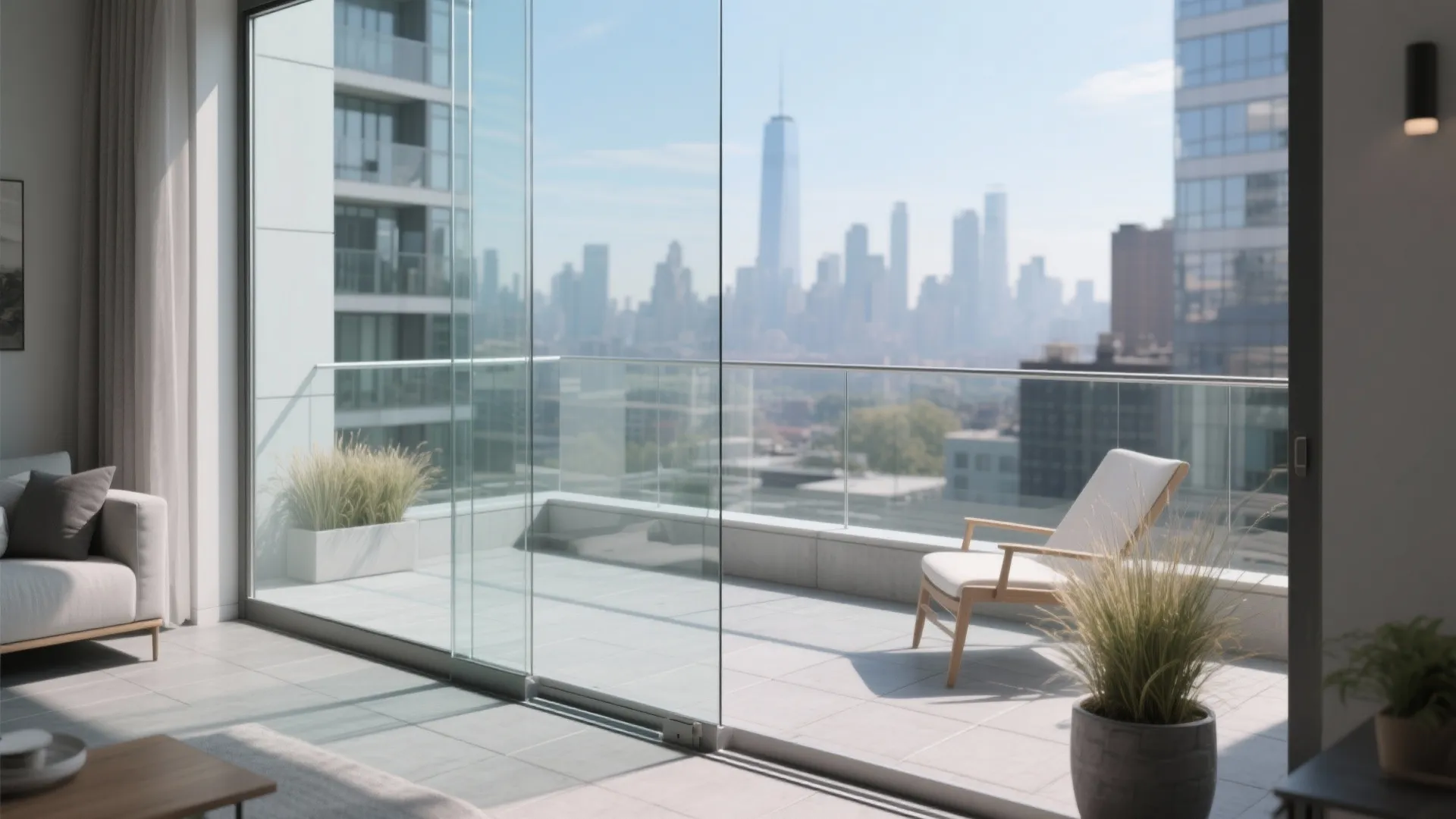 Modern balcony with glass sliding doors chair potted plants and a clear city skyline view