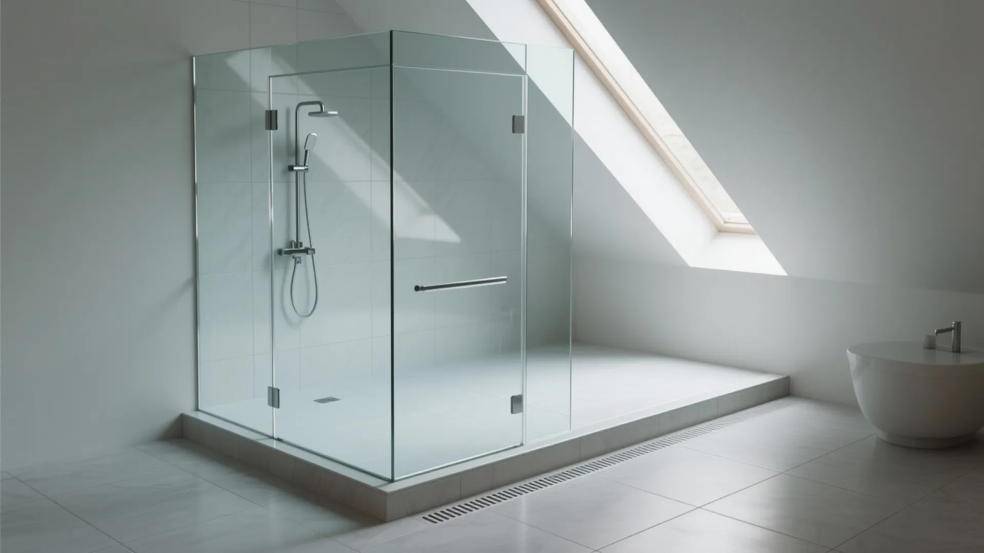 Frameless glass shower panel under a sloped ceiling creating visual continuity.