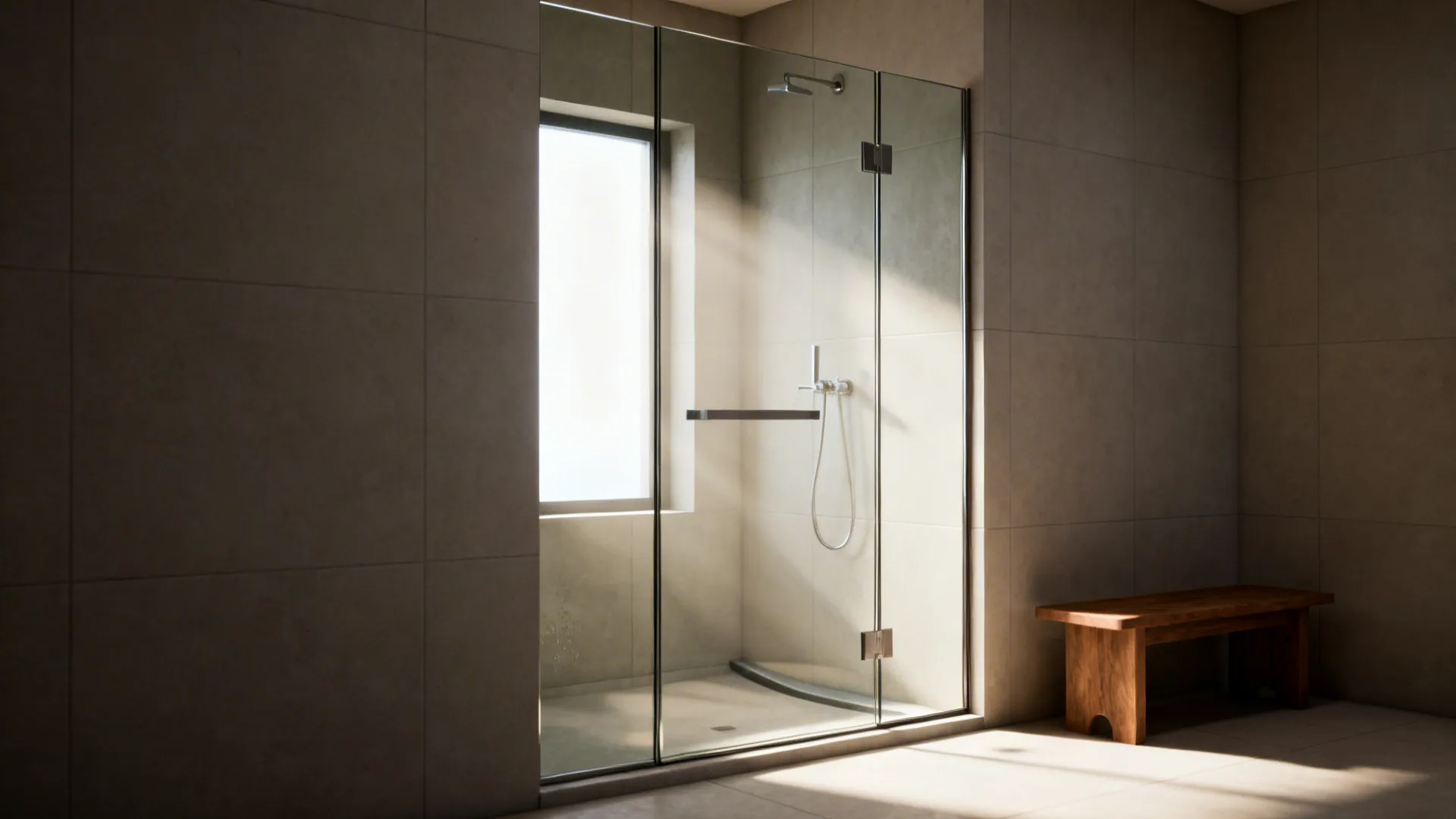 Small bathroom showing a frameless glass shower panel that keeps sightlines open and lets light flow.